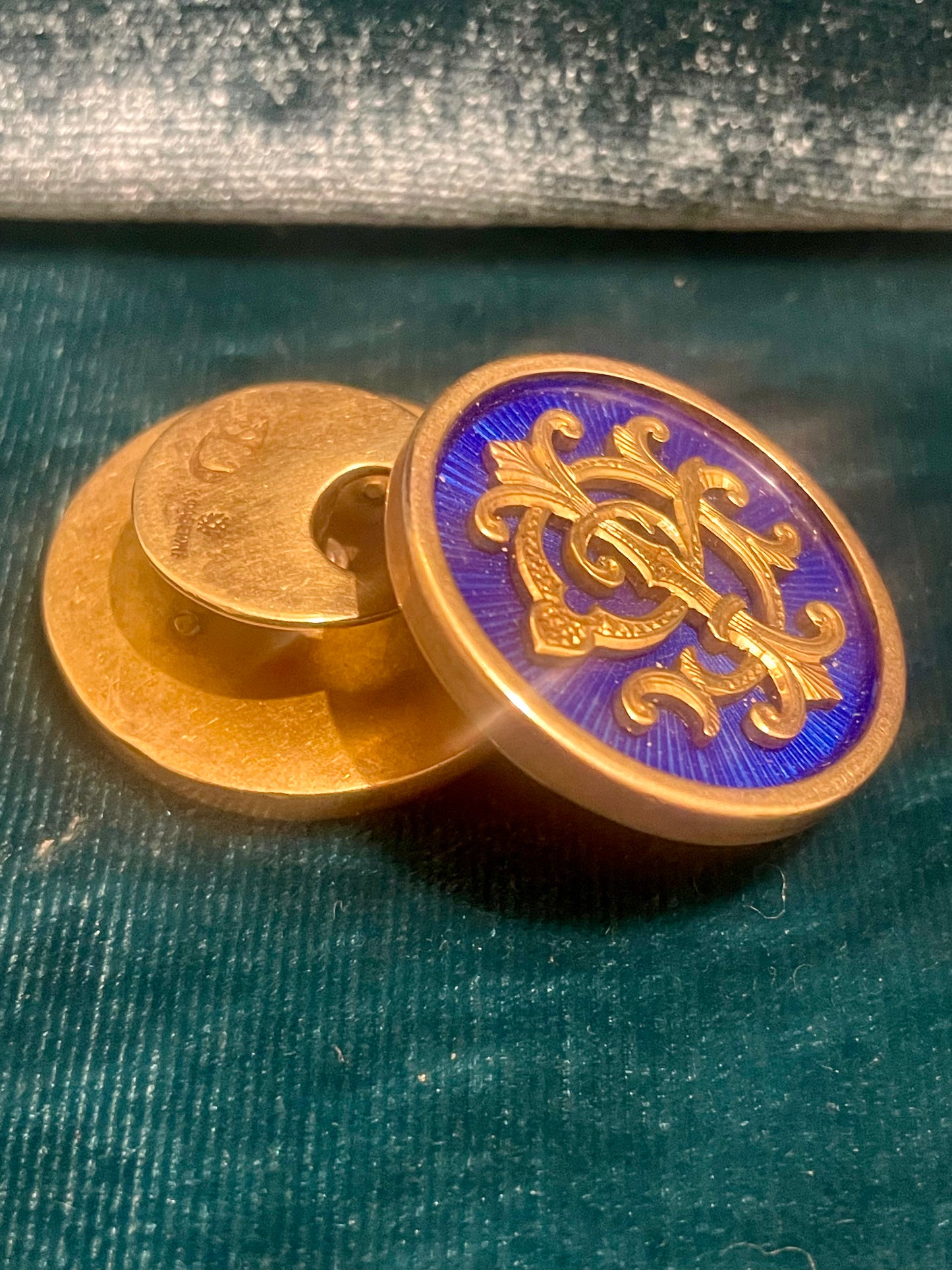 Antique Fabergé Imperial Russian Blue Guilloché 14k Gold Cufflinks