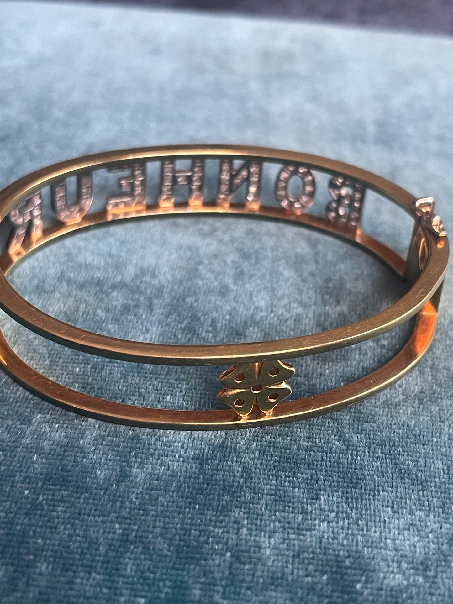French Diamond Letter "Bonheur" 18k Gold Bangle Bracelet