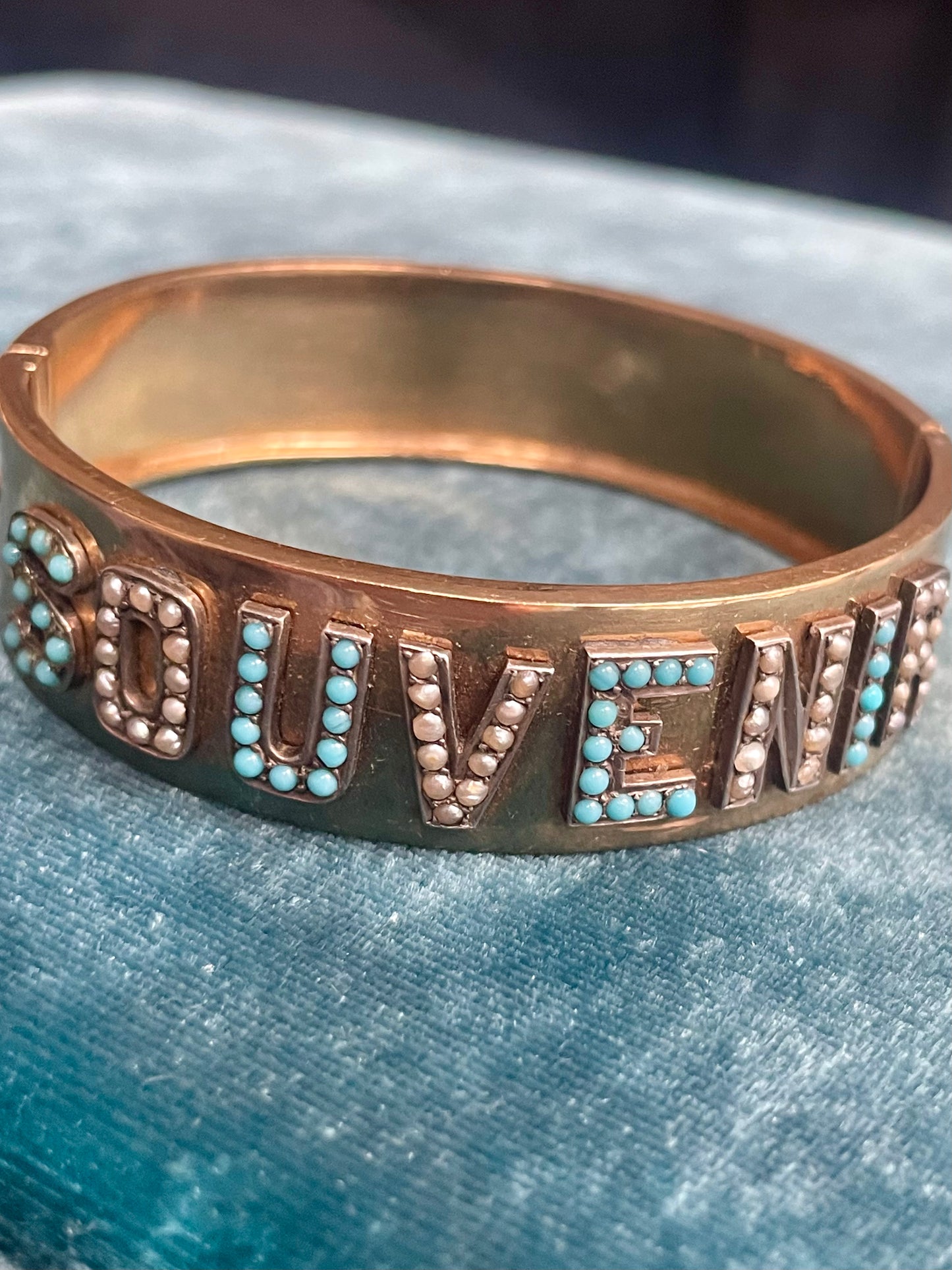 Rare French "Souvenir" Turquoise and Seed Pearl 18k Gold Bangle