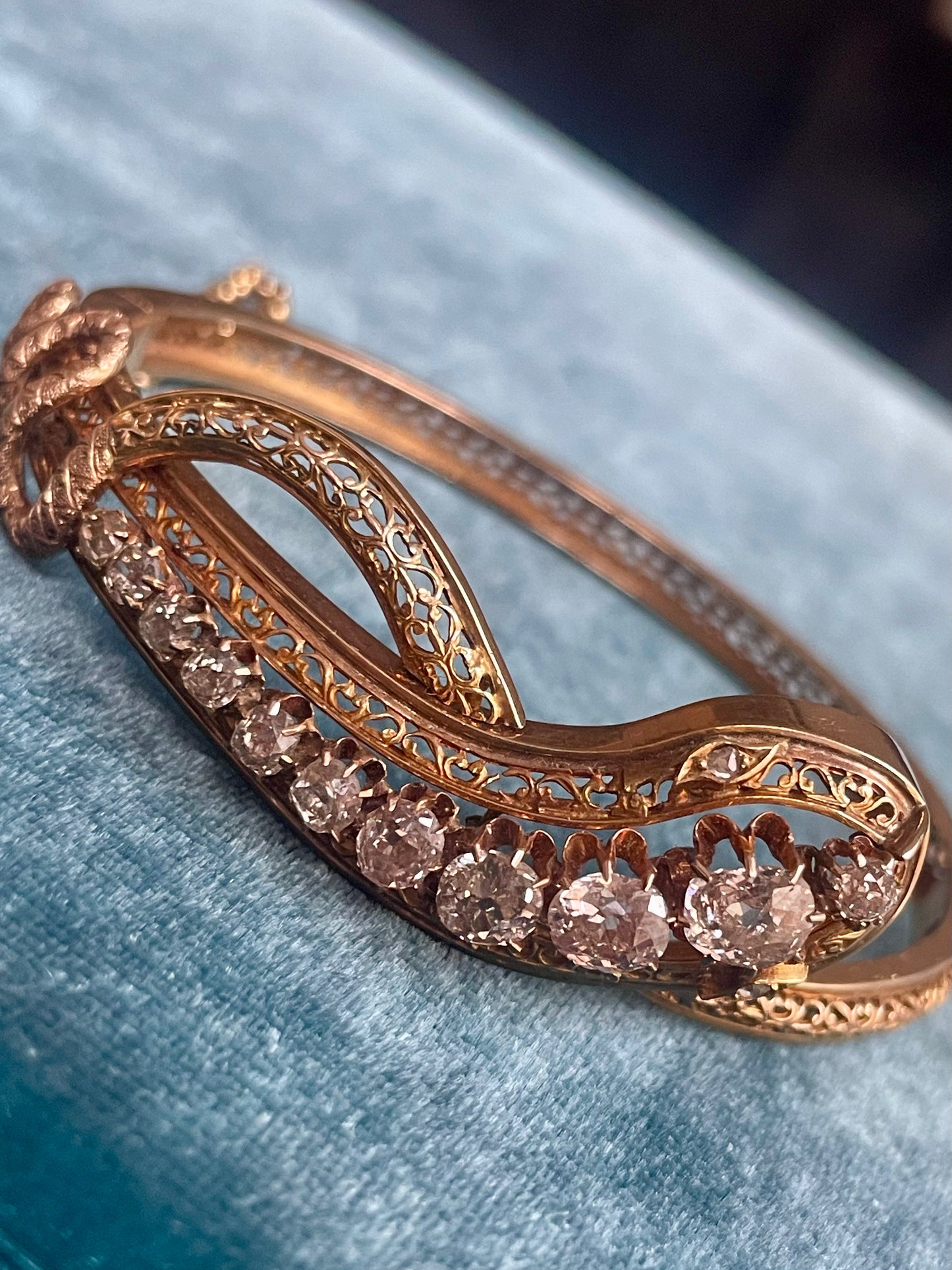 Antique Victorian Russian Old-Mine-Cut Diamond 14k Gold Snake Bangle