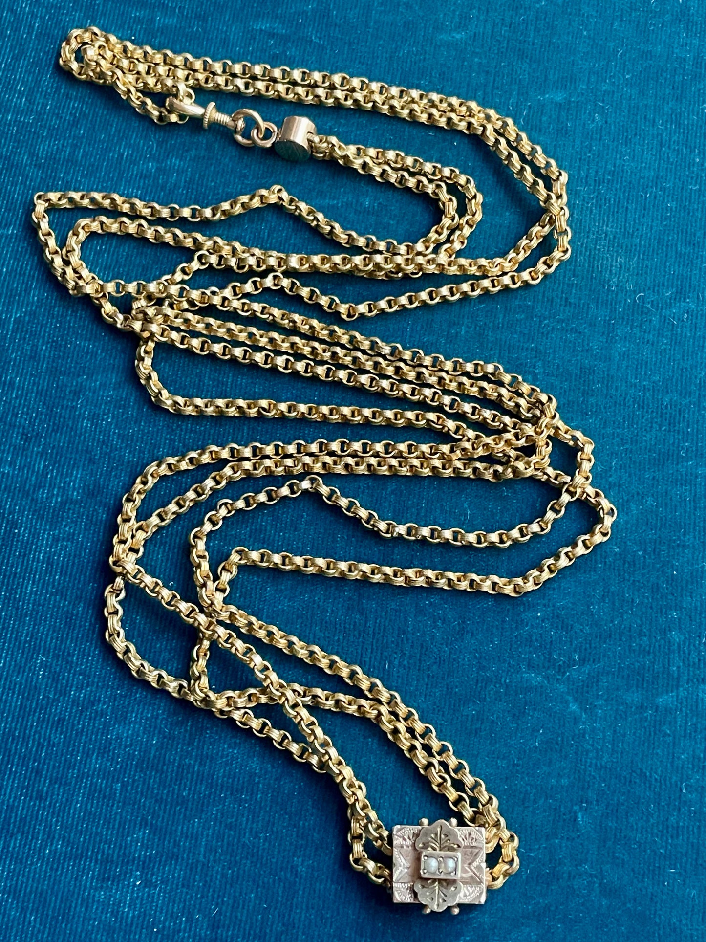 Antique Victorian Belcher Link With Seed Pearl Slider 14k Gold 31" Chain