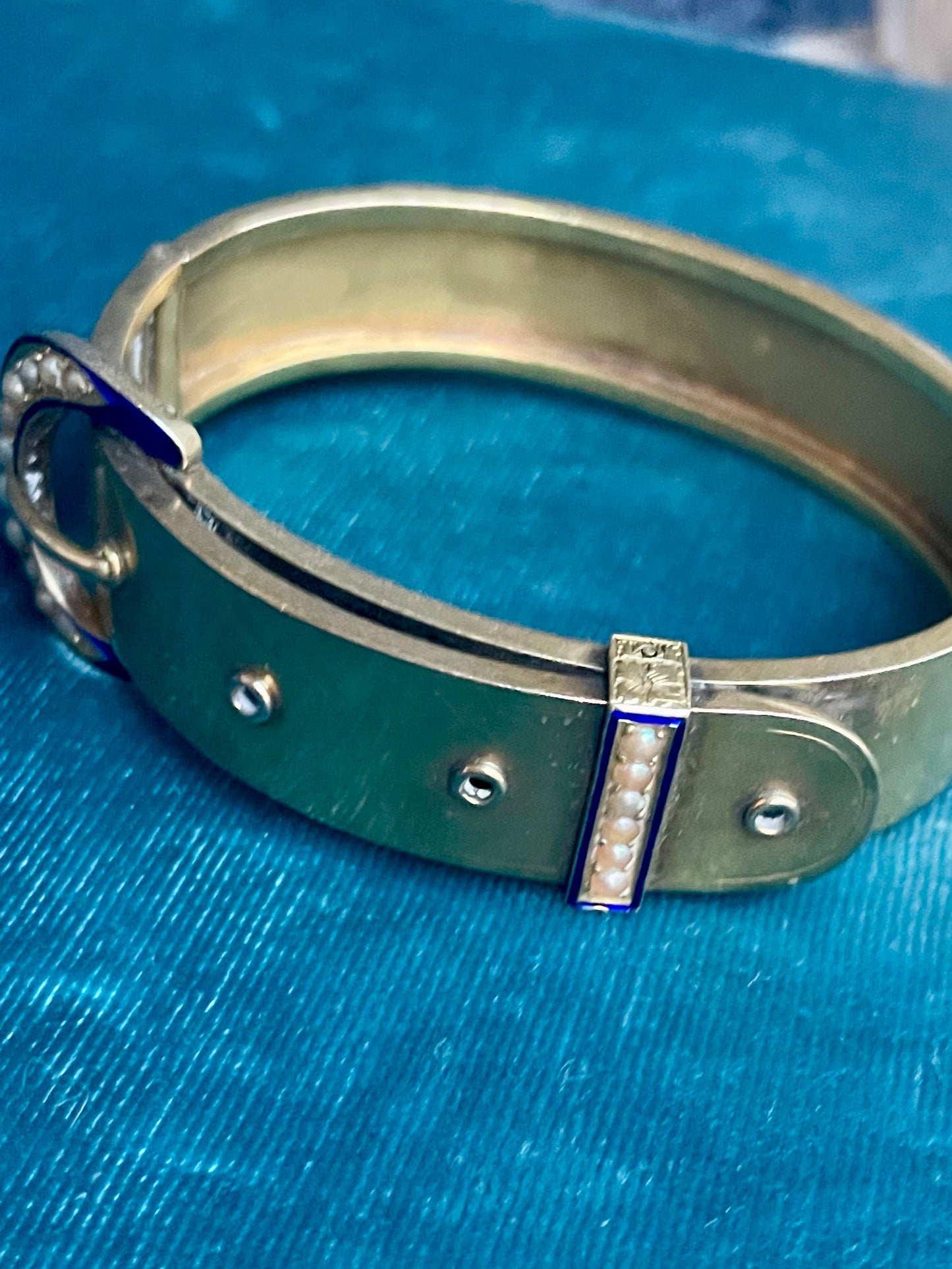 Antique Victorian Seed Pearl and Blue Enamel 18K Gold Buckle Bracelet