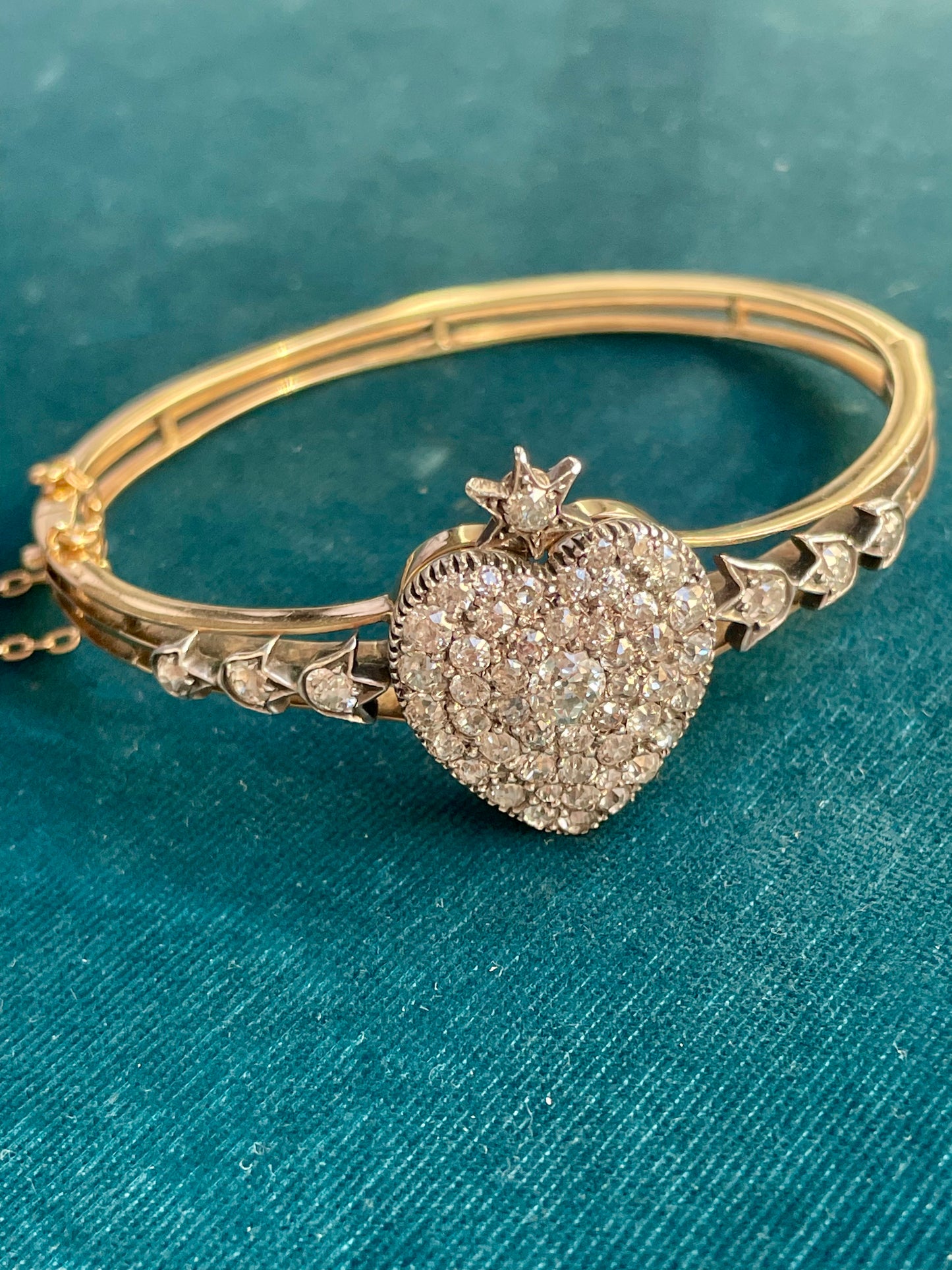 Antique Victorian Diamond Pave Heart Silver-Over-18k Gold Bangle