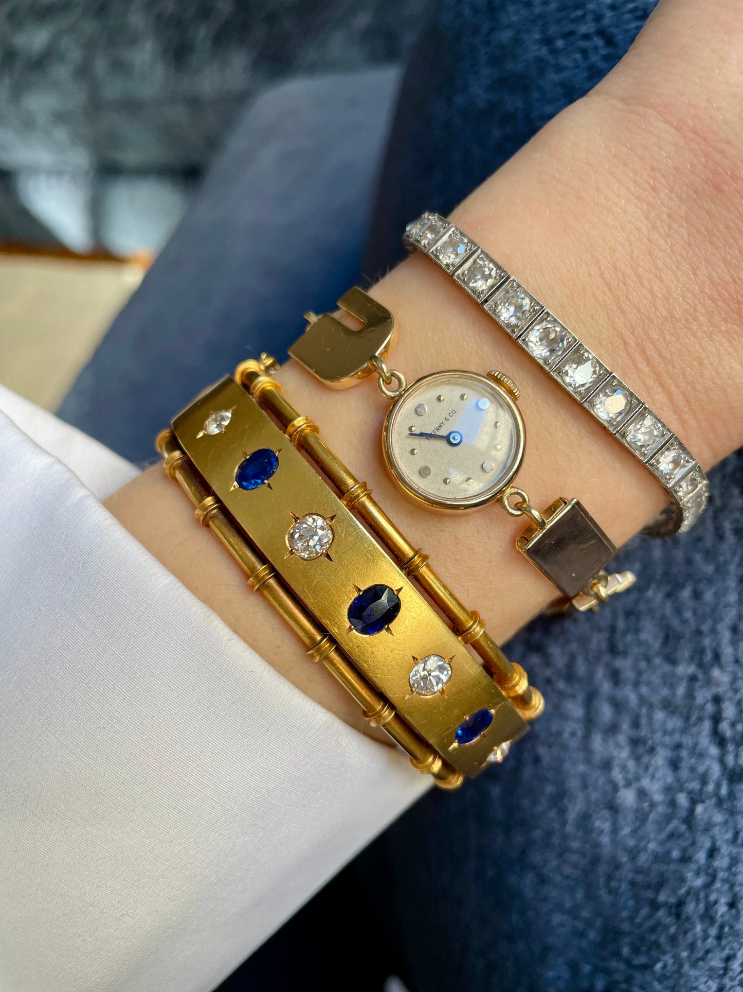 Antique Belle Époque Sapphire and Diamond 18k Gold Bangle