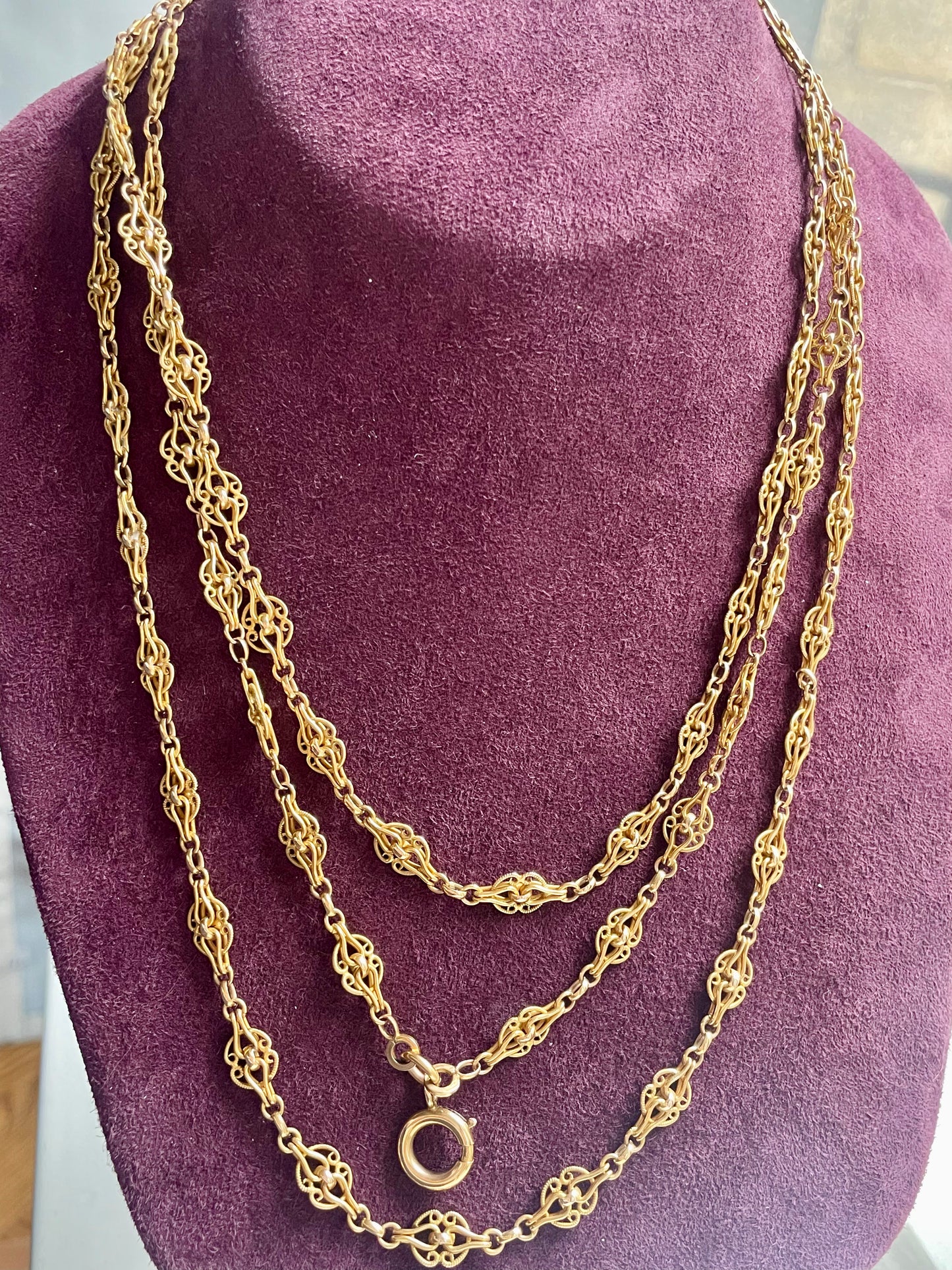 Antique French Filigree 18k Gold 59" Long Guard Chain