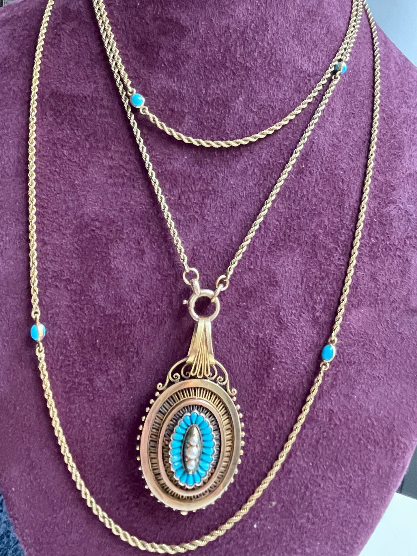 Antique Victorian 14k Gold 54" Turquoise Cabochon Station Chain
