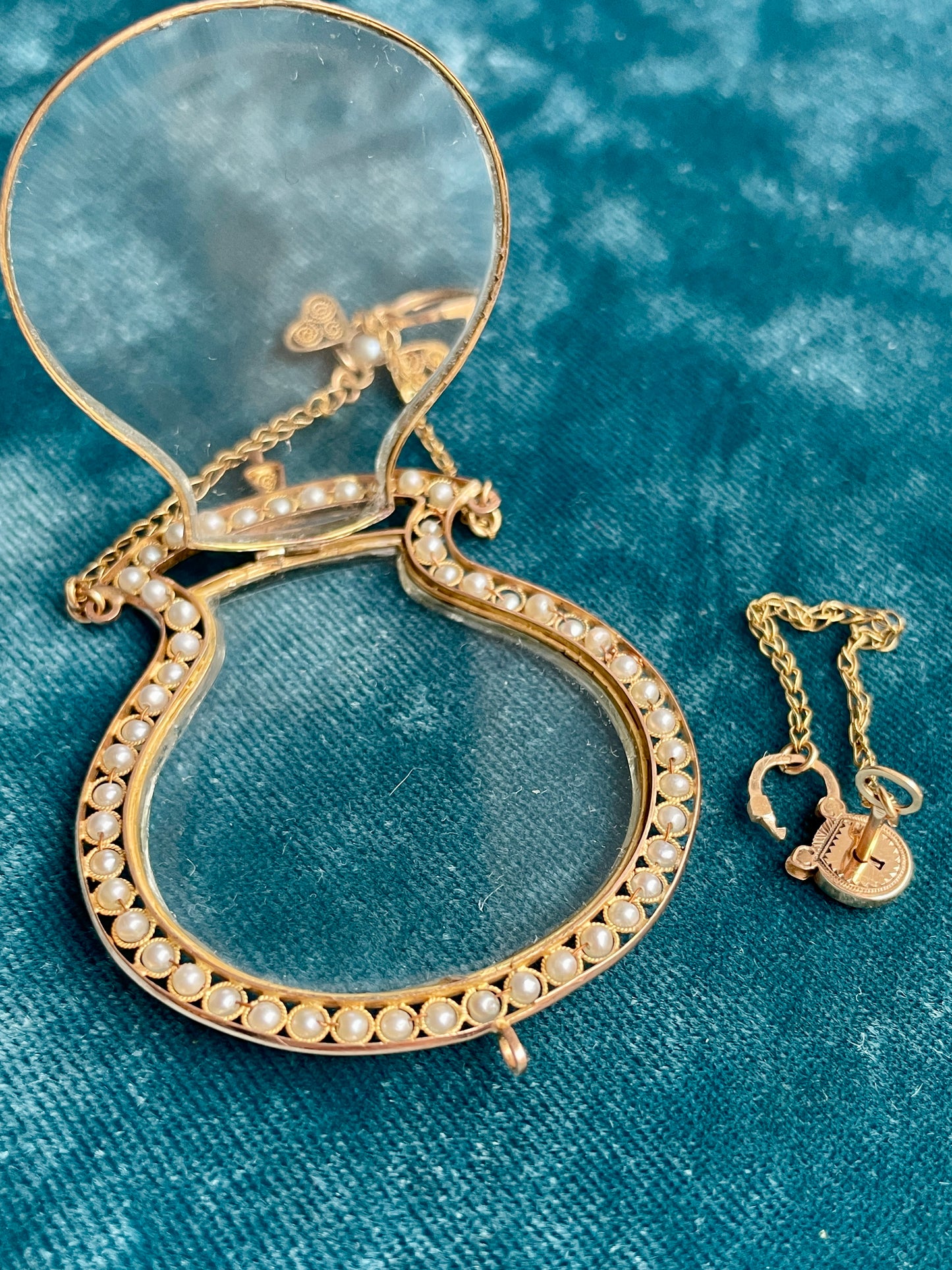 Antique French Glass and Seed Pearl Perfume Bottle with Padlock and Key 18k Gold Pendant