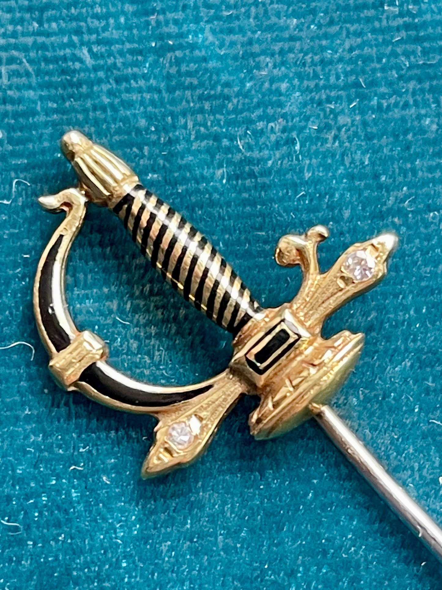 Antique Victorian Black Enamel and Diamond Jabot Sword 14k Gold Pin