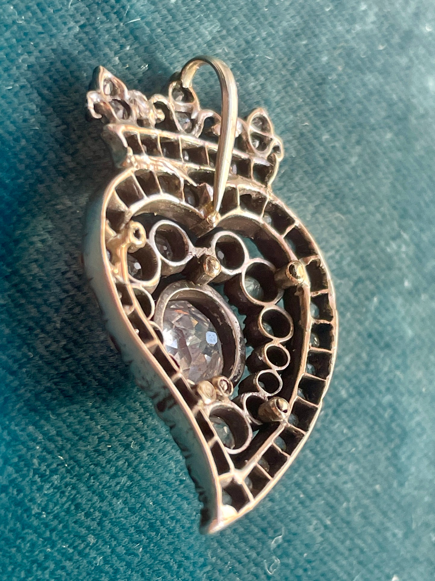 Antique Victorian Diamond Crowned Witch's Heart Silver-Over-Gold Pendant