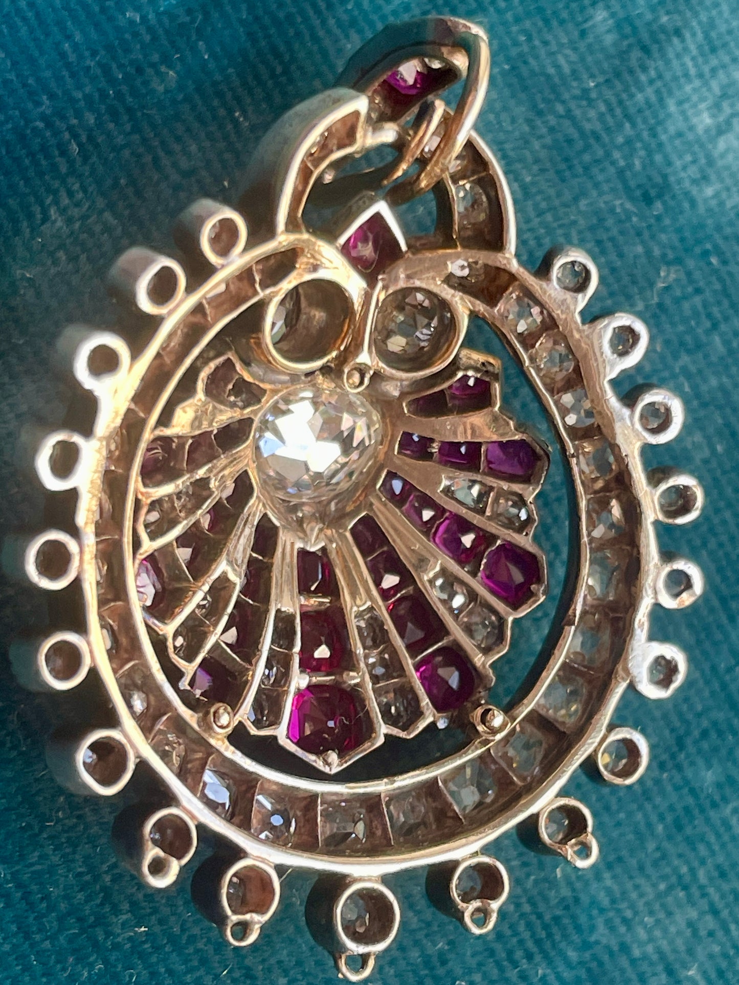 Antique Victorian Diamond and Ruby Shell Silver-Over-14k Gold Pendant