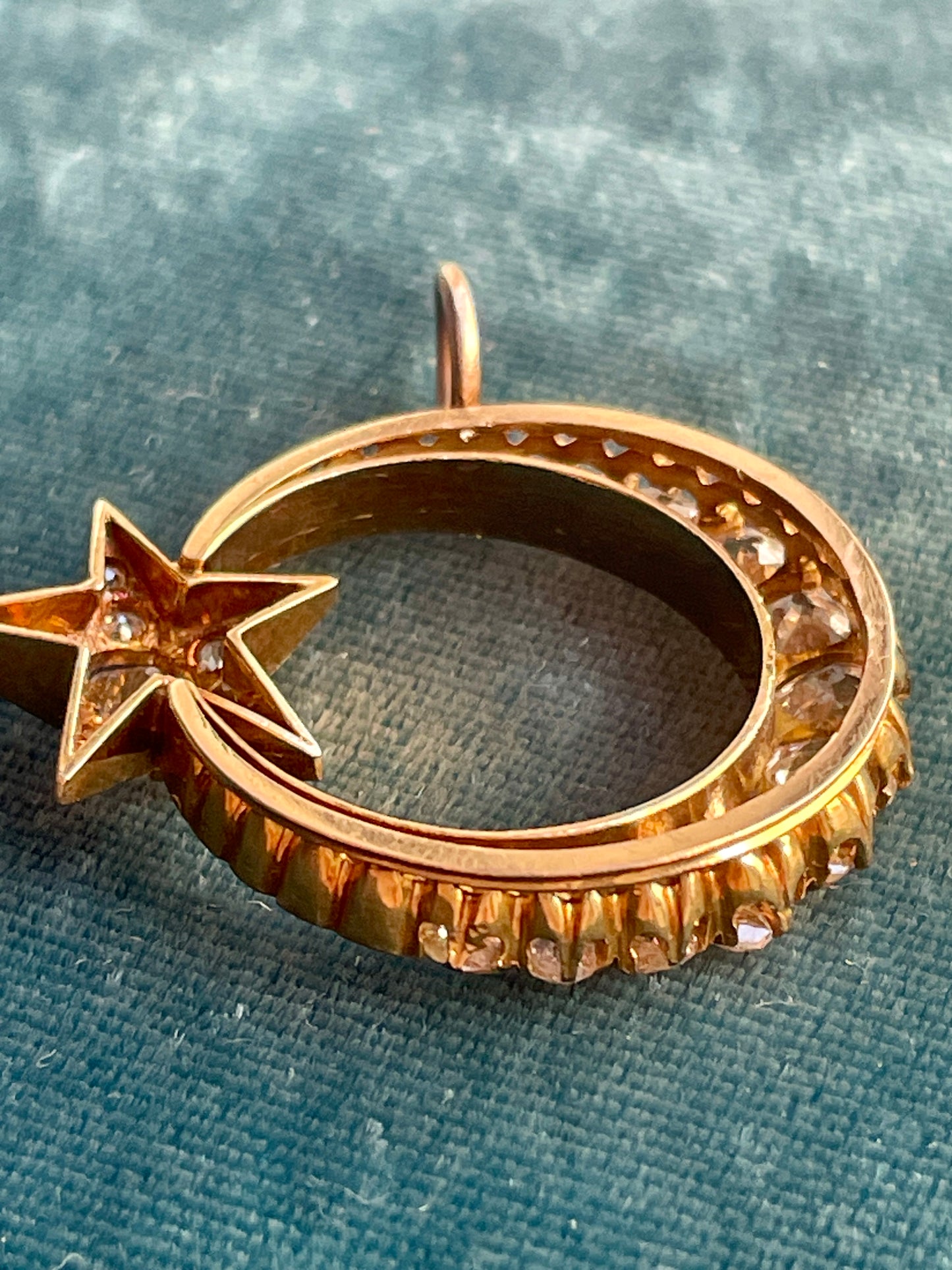 Antique Victorian Diamond Honeymoon Crescent with Star 18k Gold Pendant