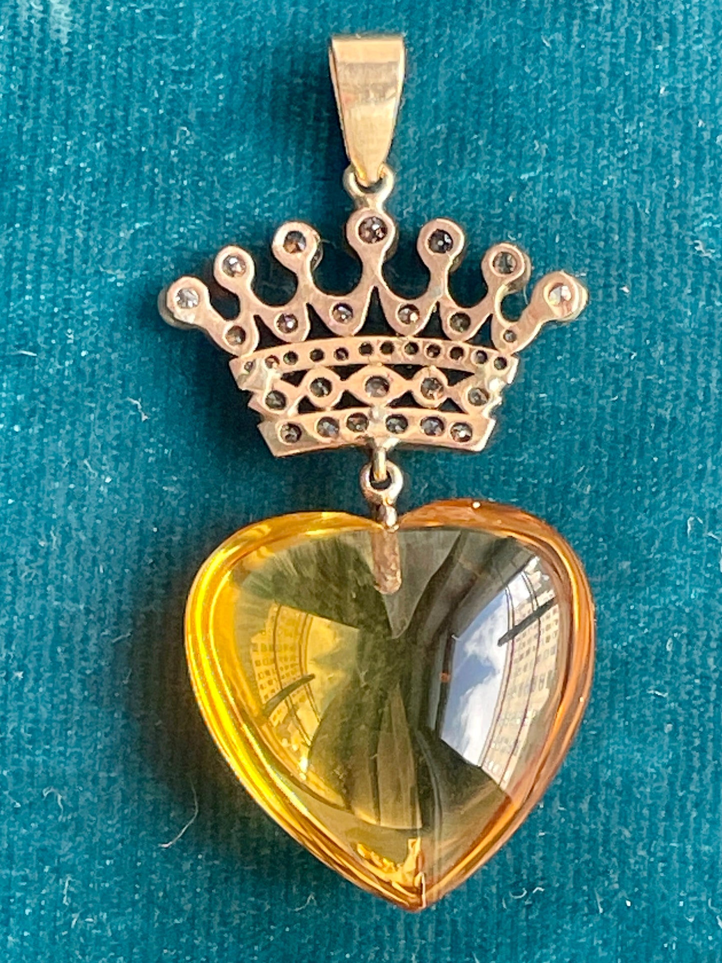 Antique Diamond Crowned Topaz Heart 15k Gold Pendant