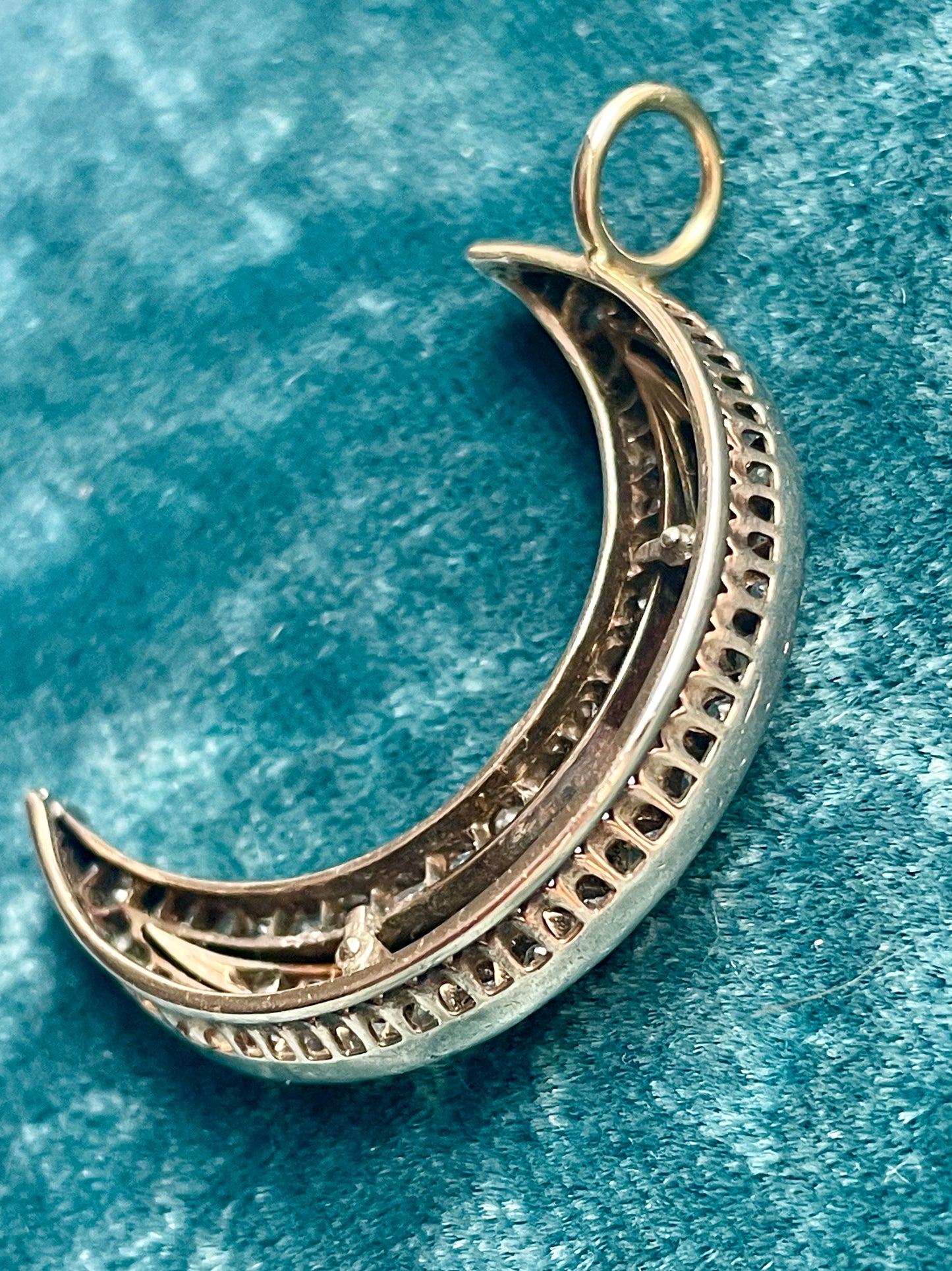 Antique Victorian Triple Row Diamond Crescent Silver-Over-18k Gold Pendant