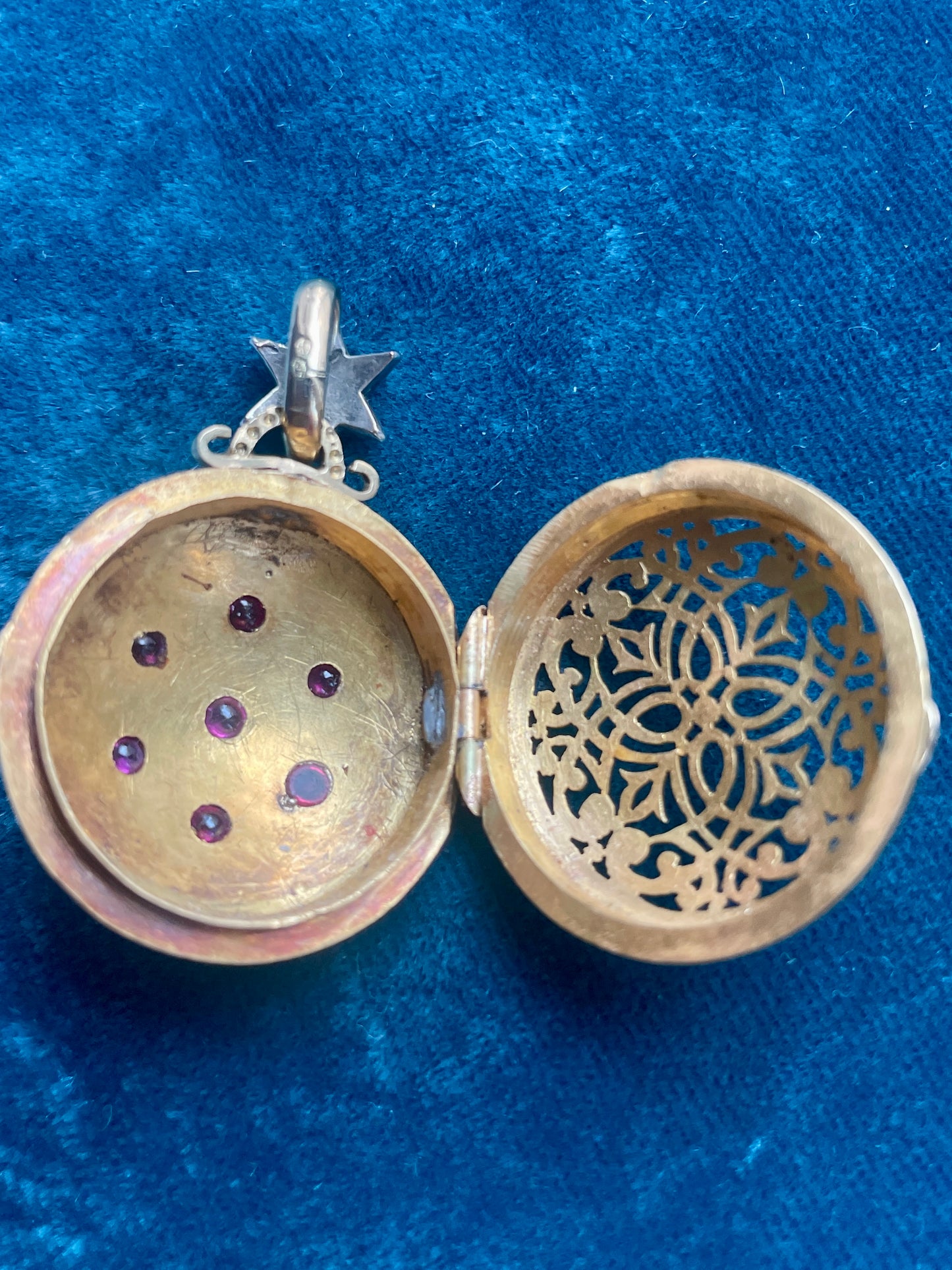 Antique Victorian Diamond, Ruby and Pearl 18k Gold Vinaigrette Locket and Diamond Star Bale