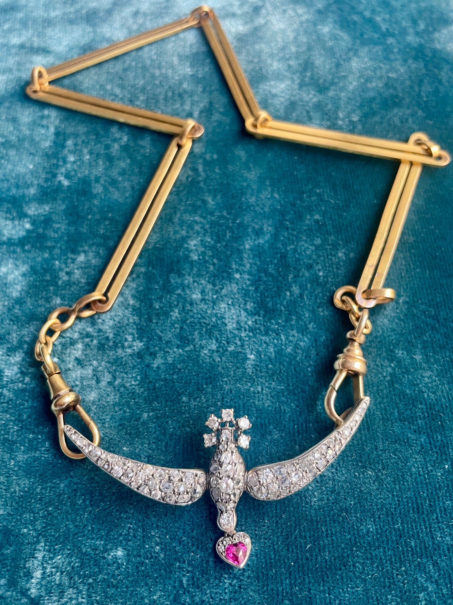 Antique Victorian Diamond and Ruby Swallow Silver-Over-18k Gold Pendant