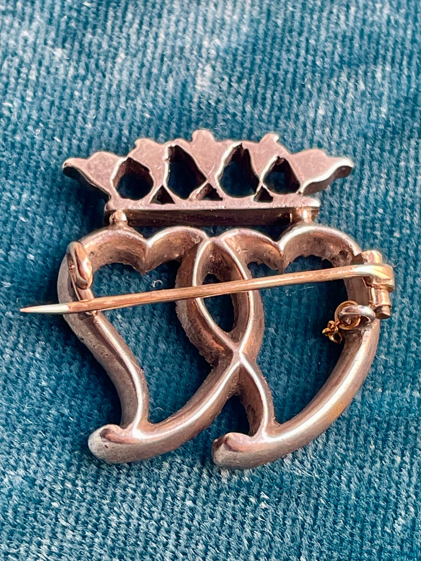 Antique Victorian Diamond Double Crowned Witch's Hearts Silver-Over-Gold Brooch
