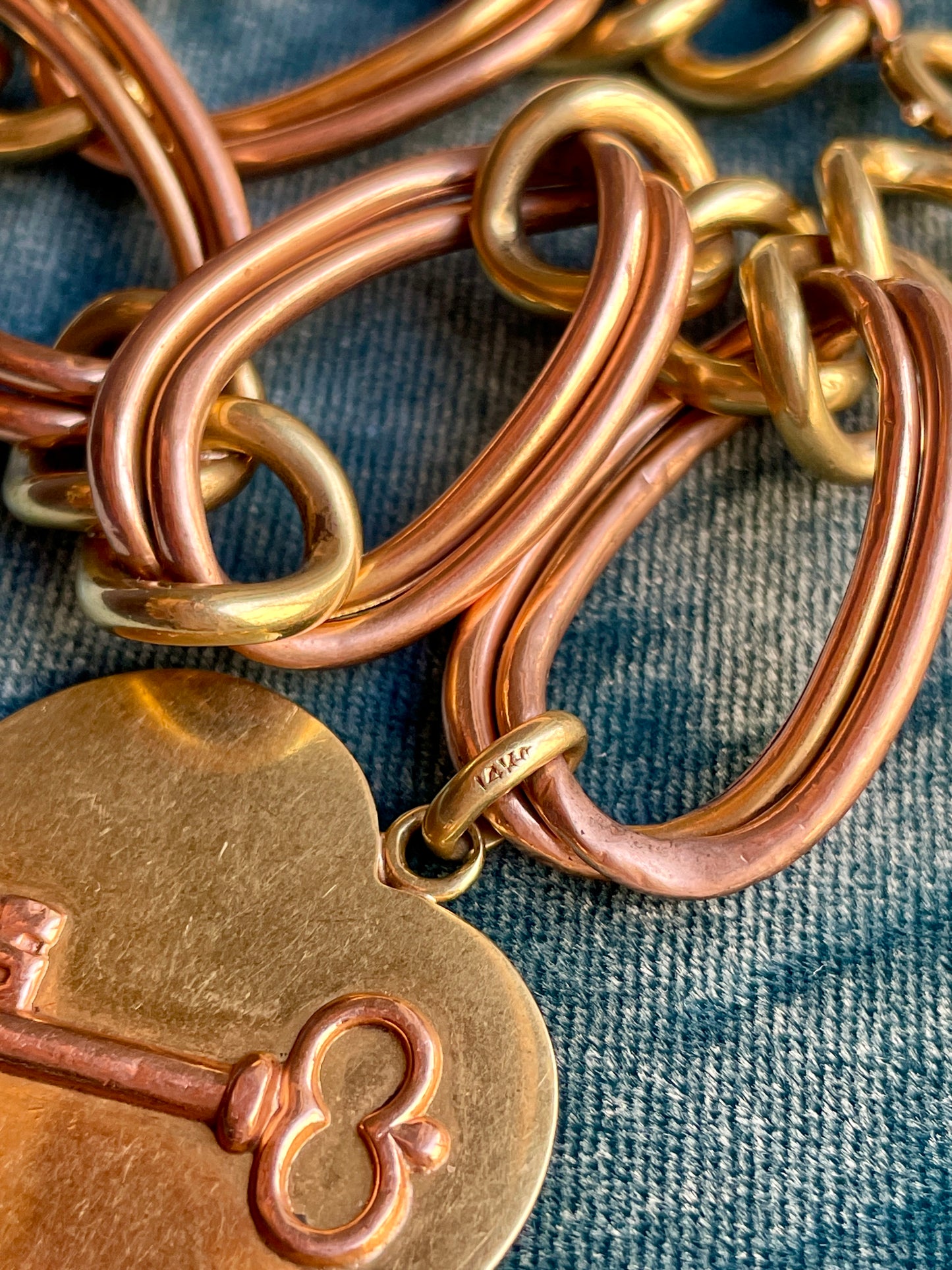 Mid-Century Heart With Key On Two-Tone 14k Gold Charm Bracelet