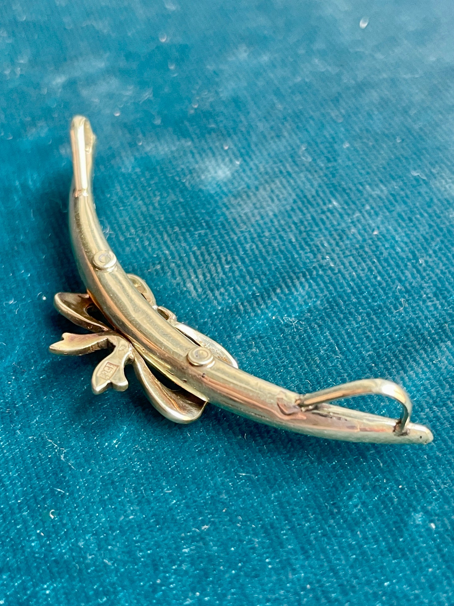 Pearl Crescent Moon with Turquoise Bow 15k Gold Pendant