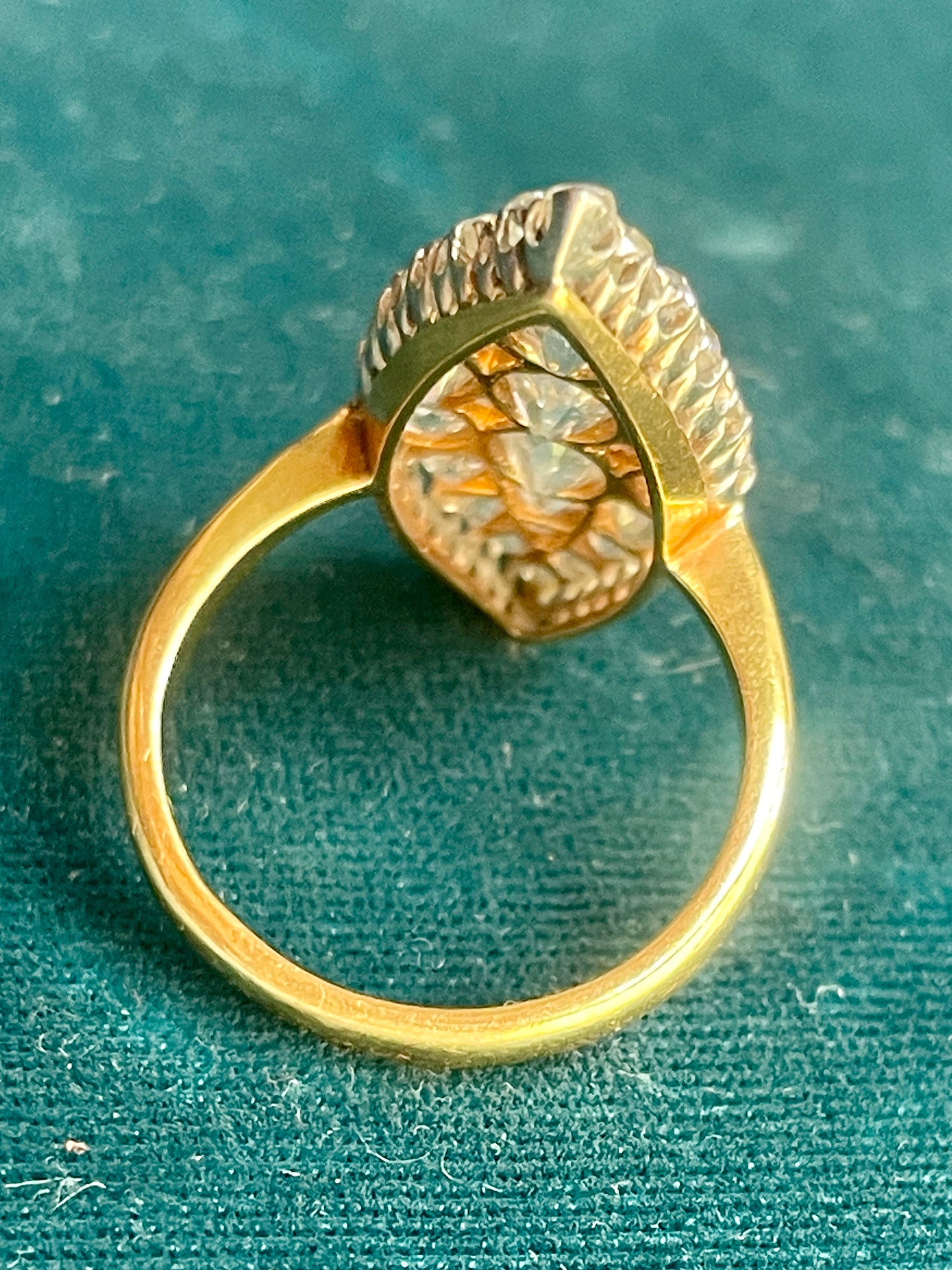 Antique French Pavé Diamond 18k Gold and Platinum Navette Ring