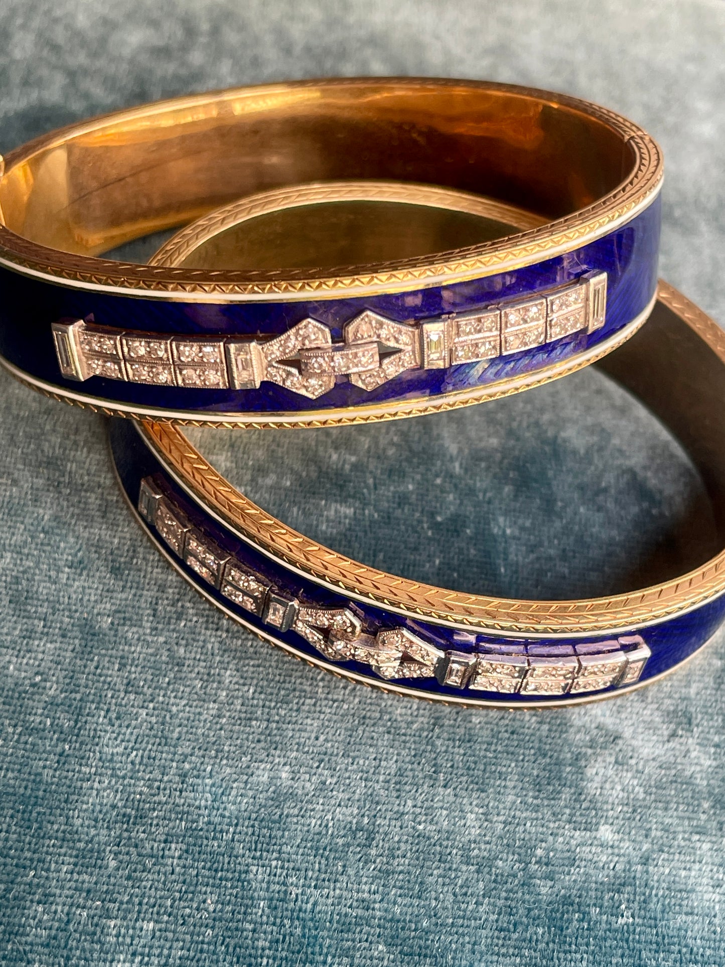 Antique Art Déco French Blue Enamel 14k Gold Wedding Bangles