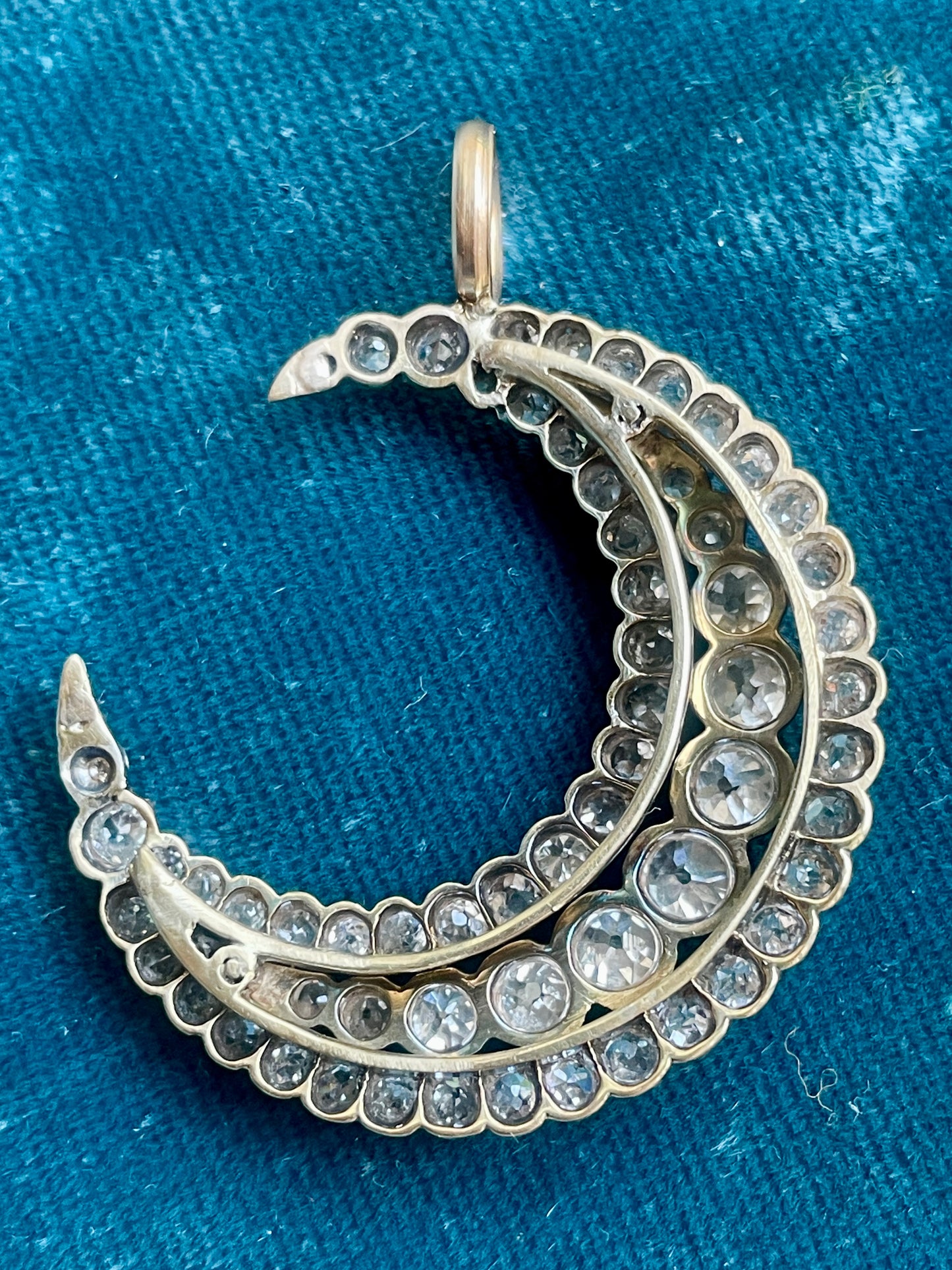 Antique Victorian Triple Row Old Cut Diamond Crescent Pendant