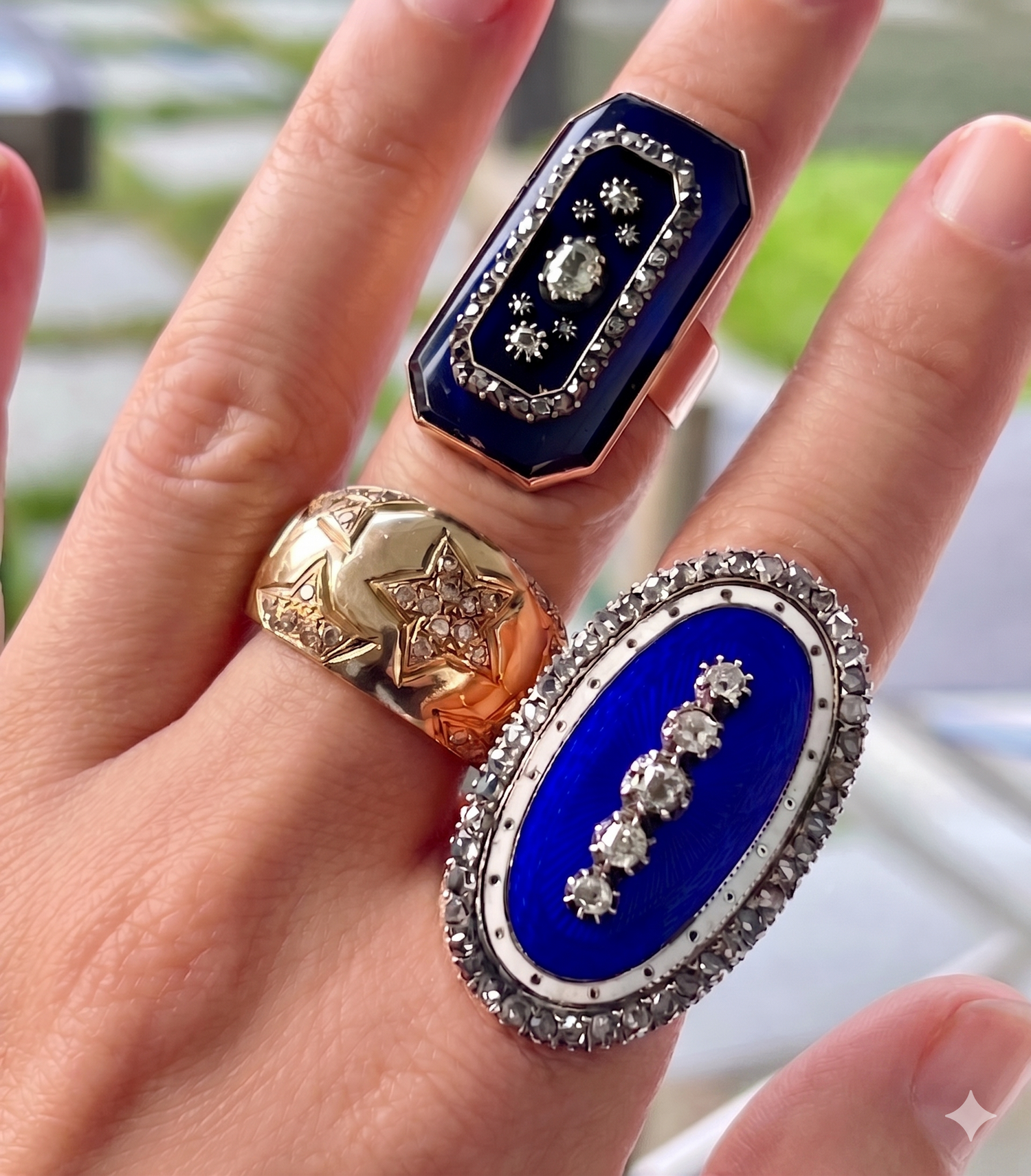 Antique Bristol glass, diamond and enamel ring stacked with Bombe ring