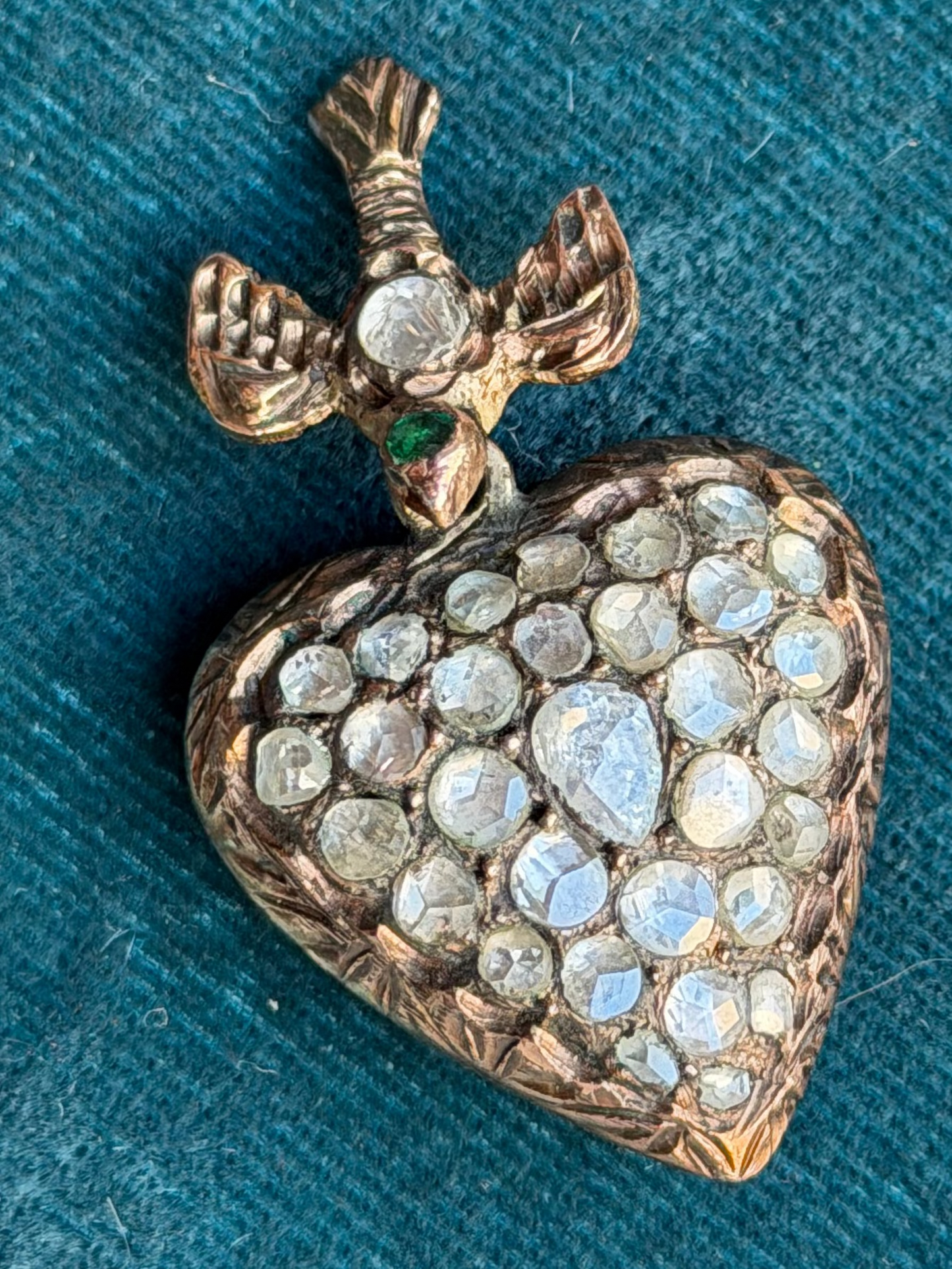 Antique Victorian "Saint Esprit" Rose-Cut Diamond Heart 18k Gold Pendant