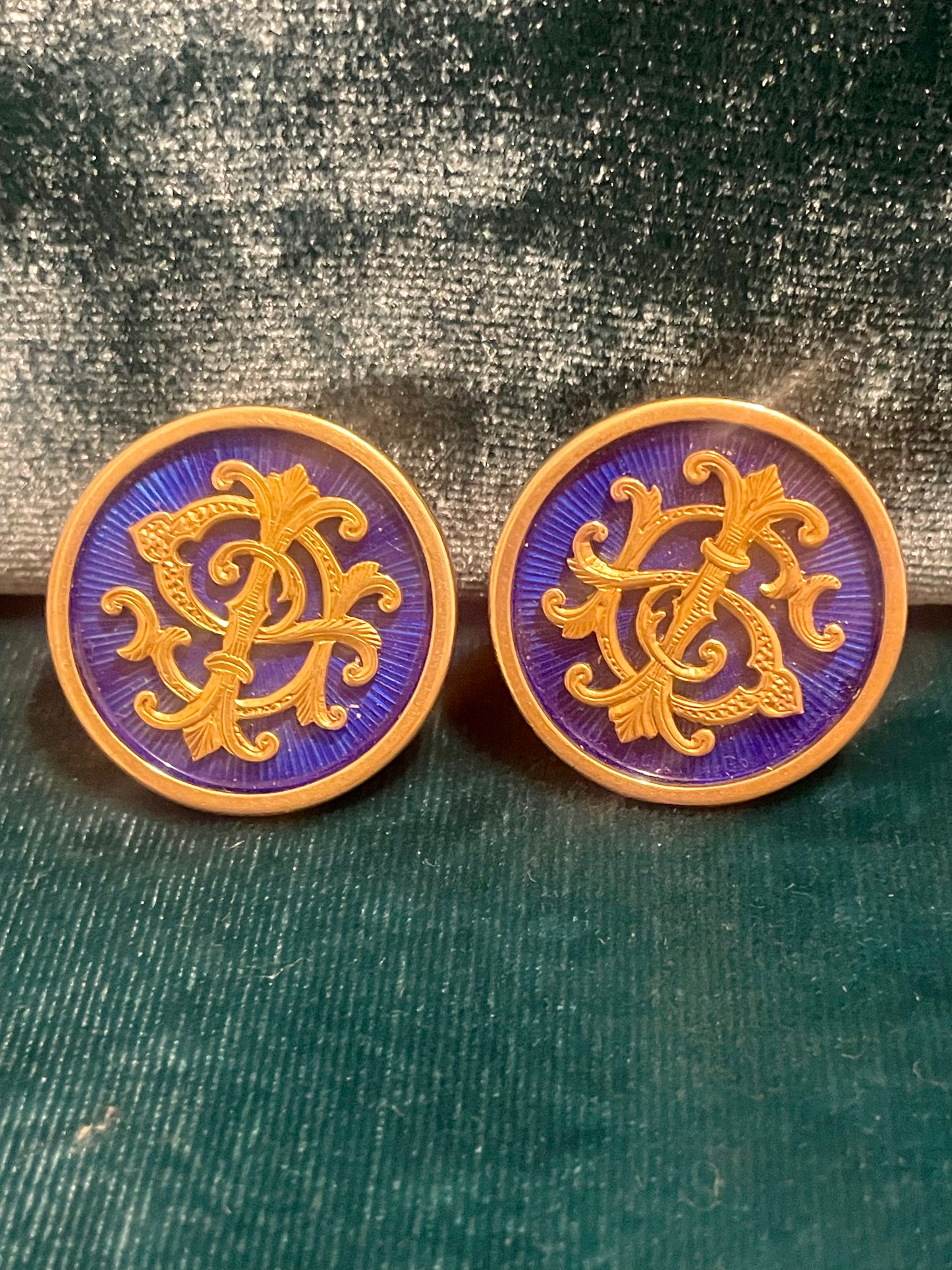 Antique Fabergé Imperial Russian Blue Guilloché 14k Gold Cufflinks