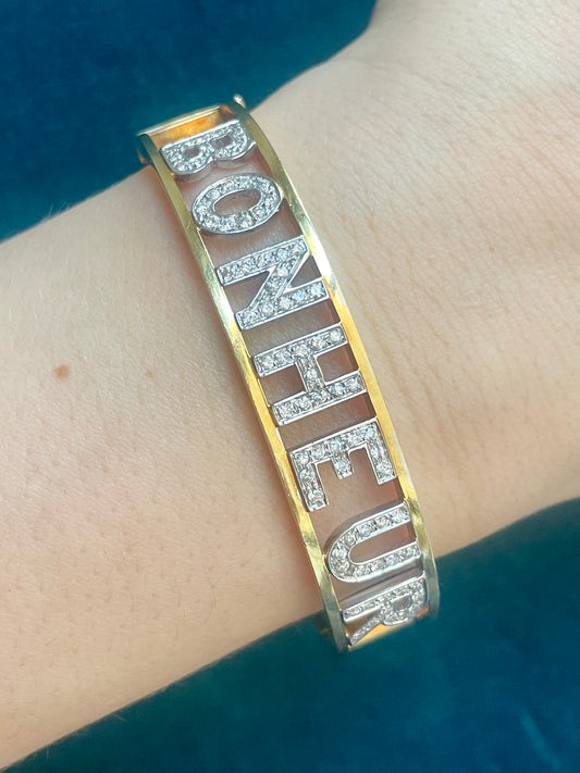 French Diamond Letter "Bonheur" 18k Gold Bangle Bracelet