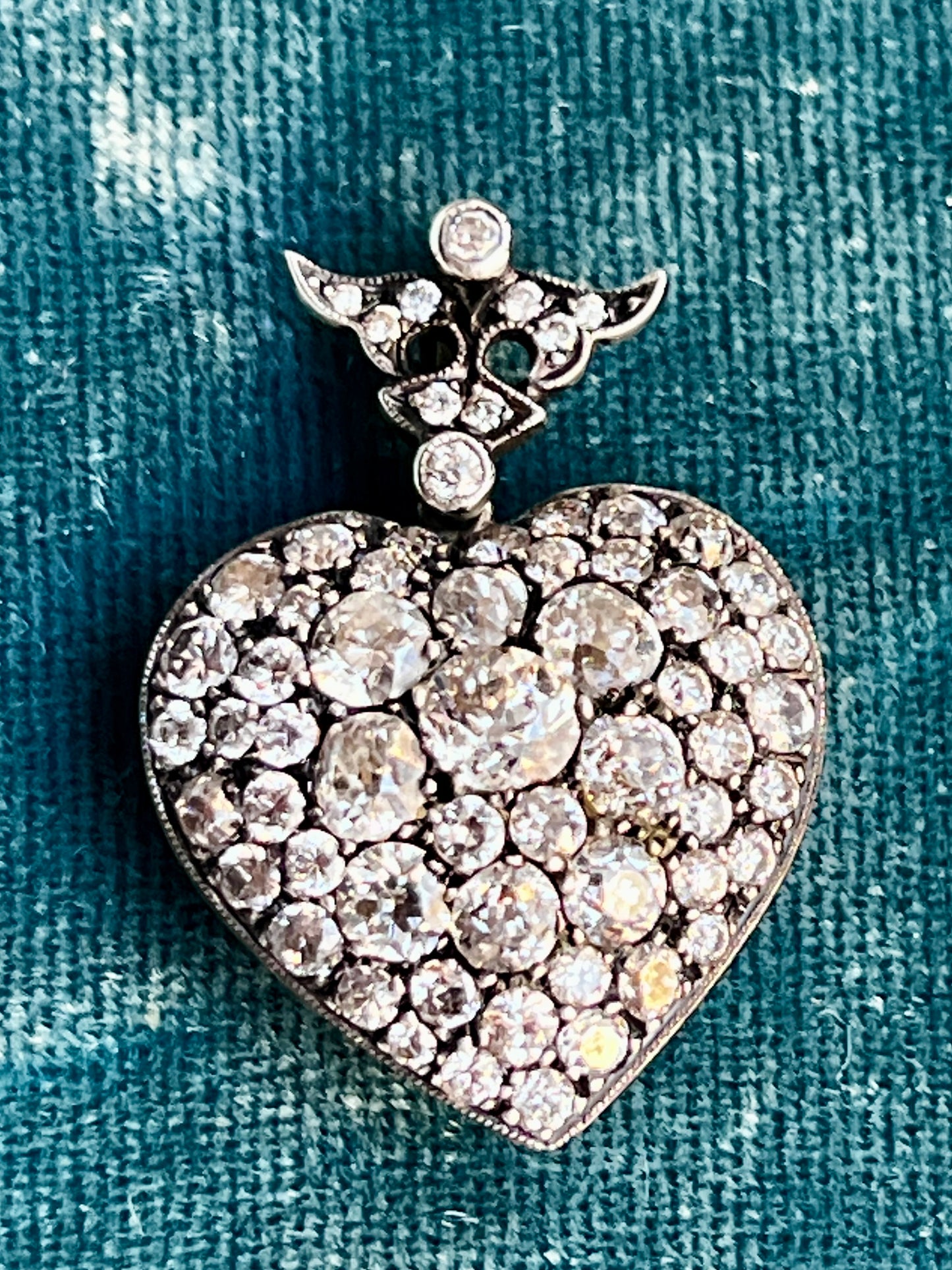 Antique Victorian Diamond Pave Heart Silver-Over-18k Gold Pendant