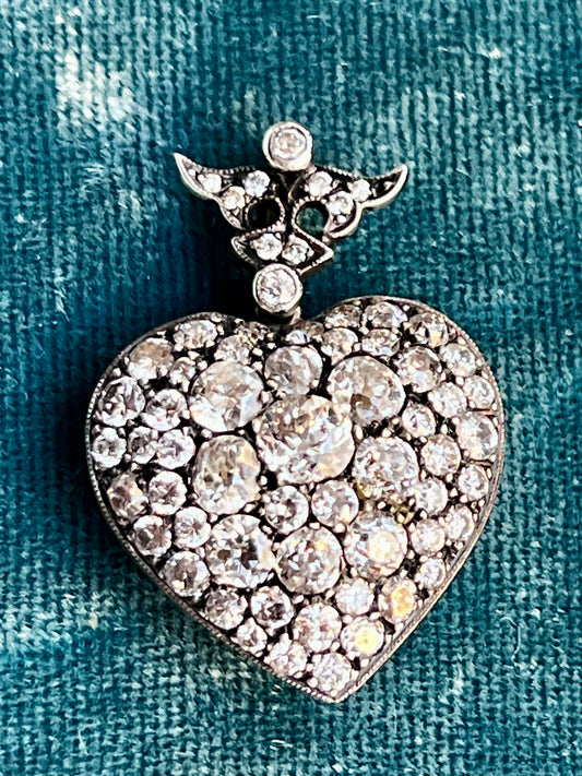 Antique Victorian Diamond Pave Heart Silver-Over-18k Gold Pendant