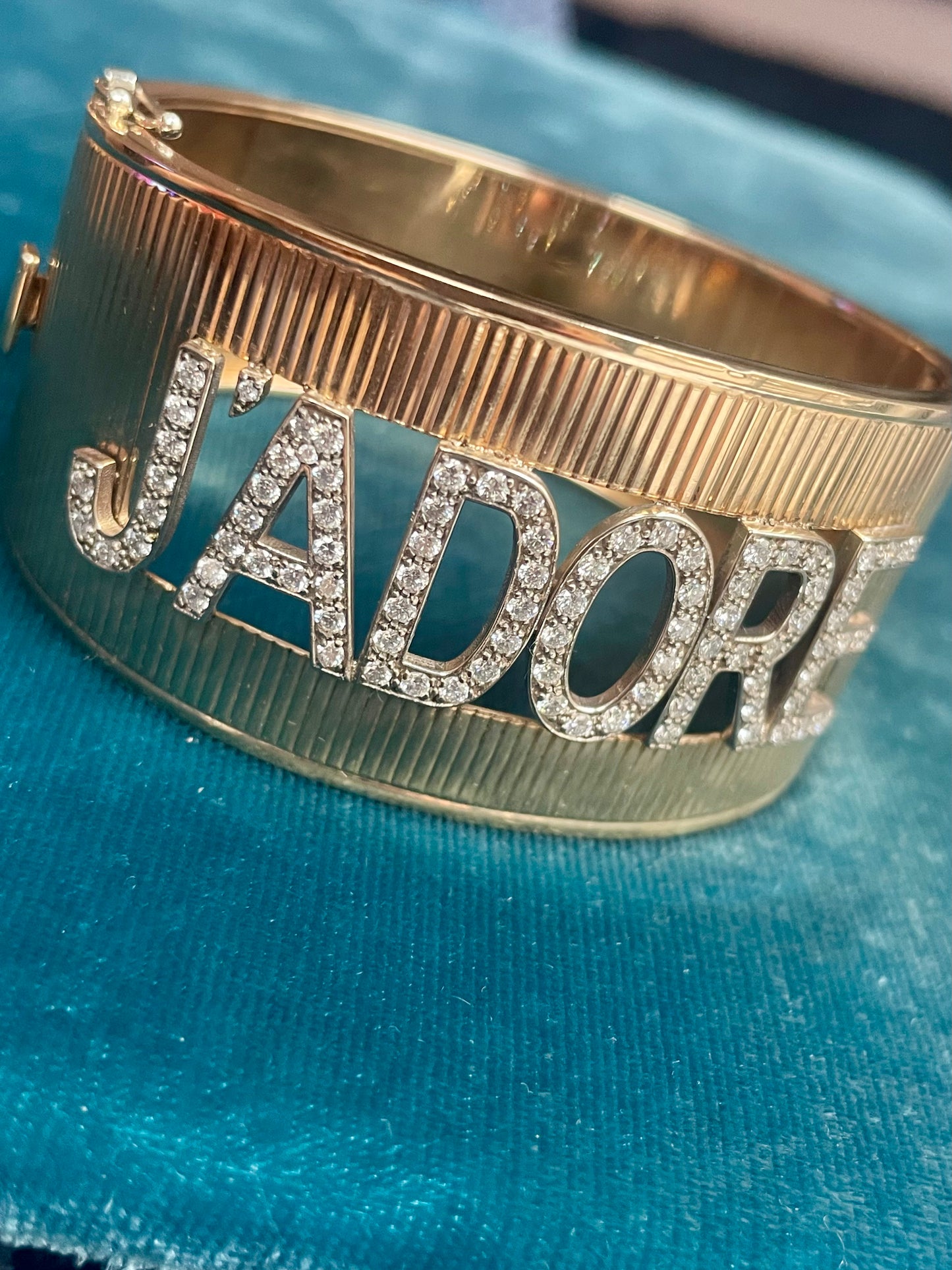 Diamond Letter "J'Adore" Stylized 14k Gold Bangle