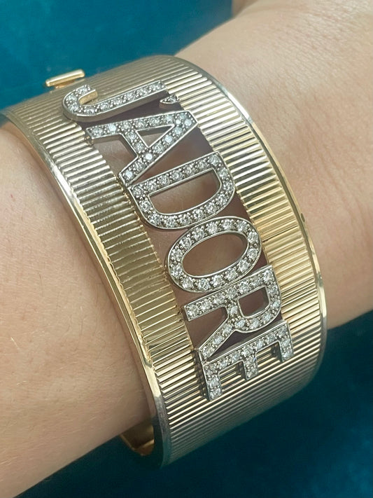 Diamond Letter "J'Adore" Stylized 14k Gold Bangle