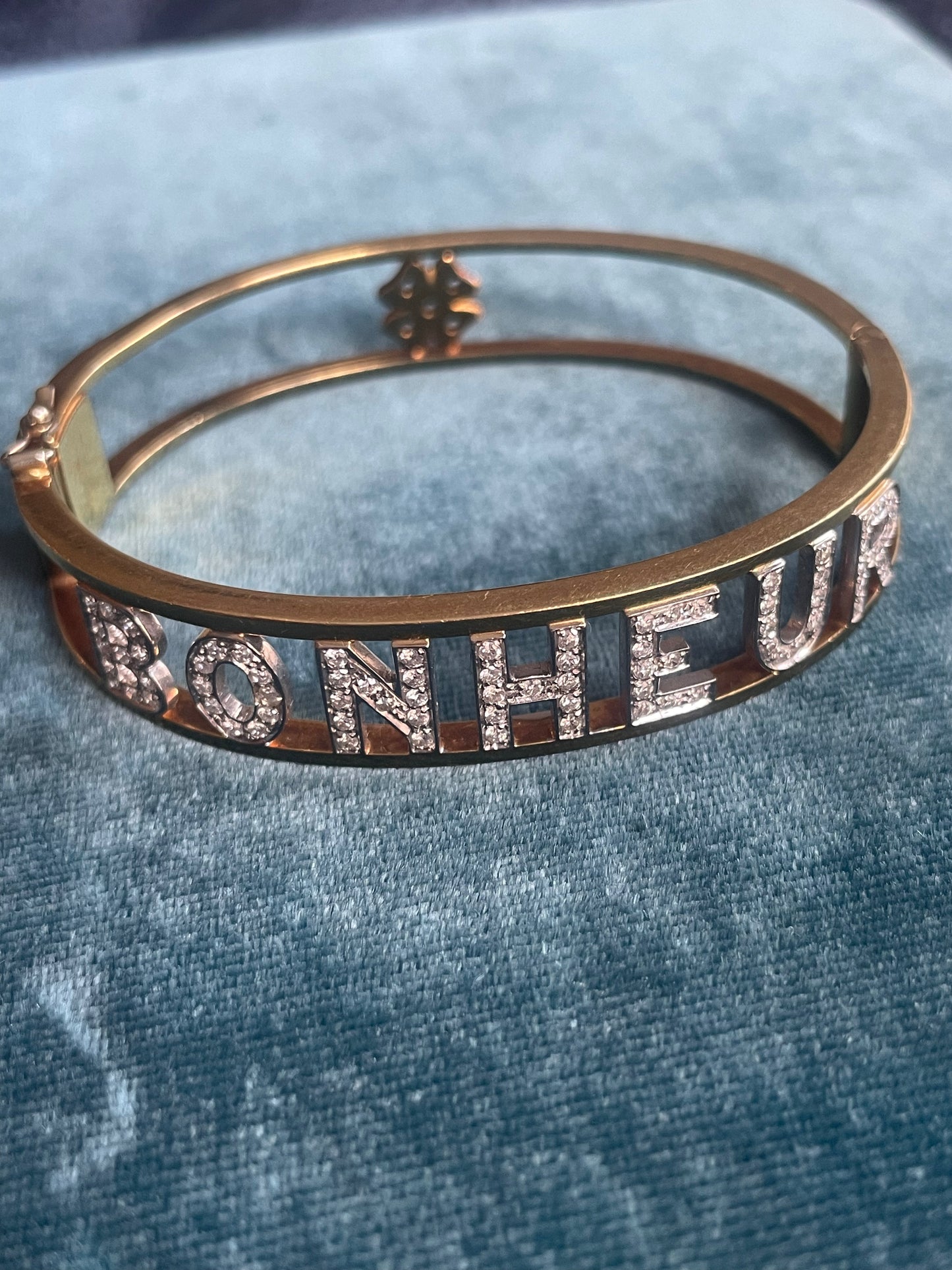 French Diamond Letter "Bonheur" 18k Gold Bangle Bracelet