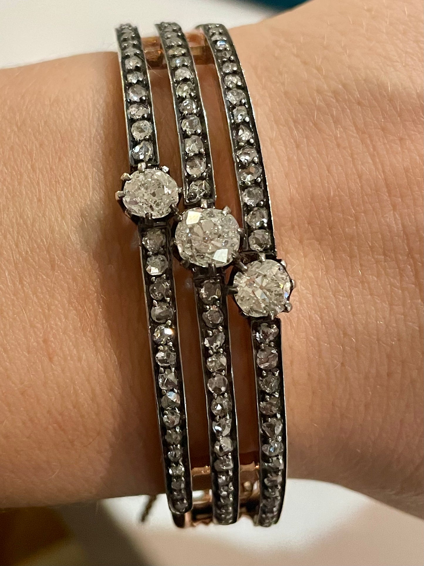 Antique French Diamond Triple Row Silver-Over-18k Gold Bangle