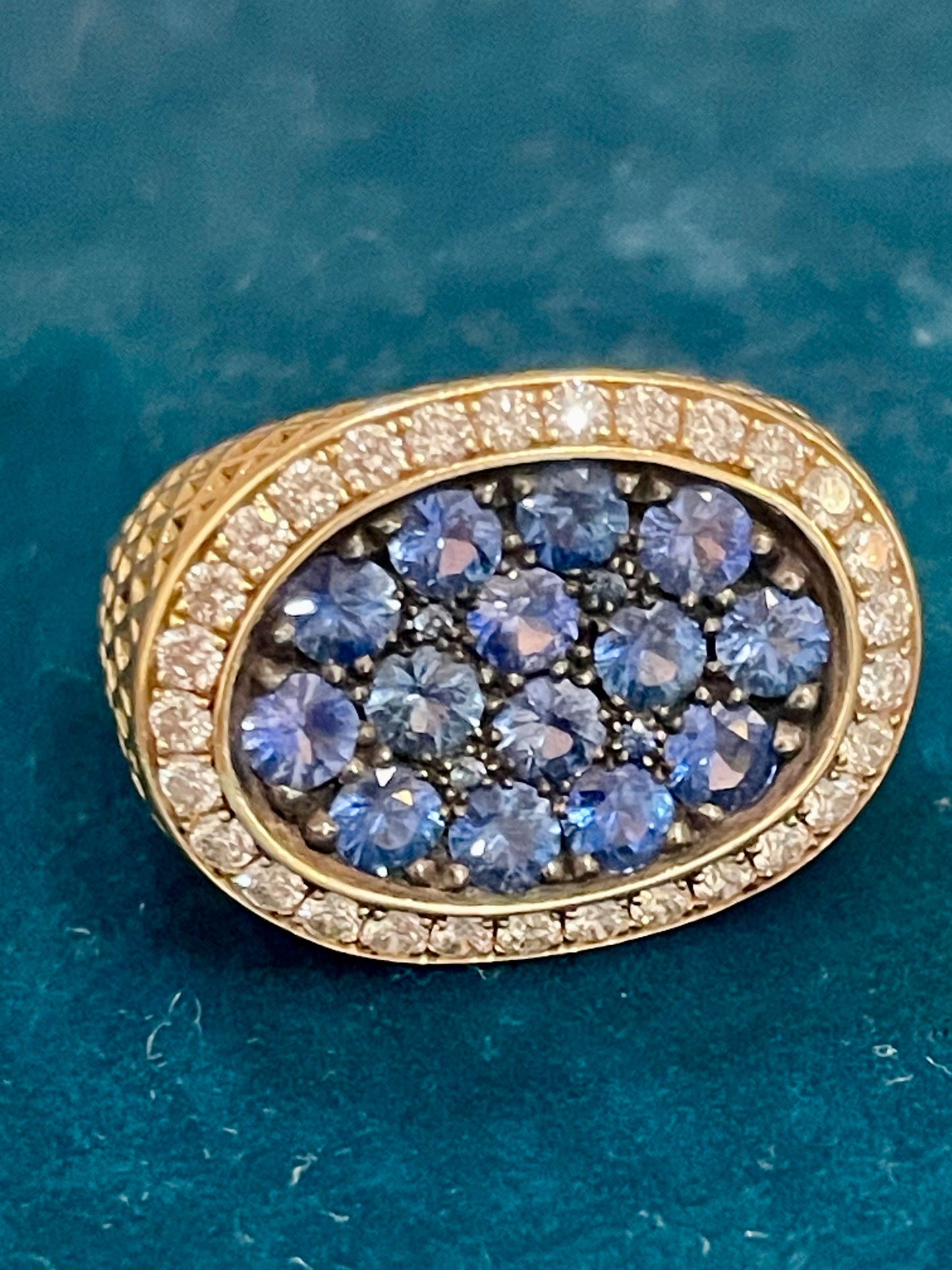 East-West Sapphire Cluster with Diamond Halo 18k Gold Ring