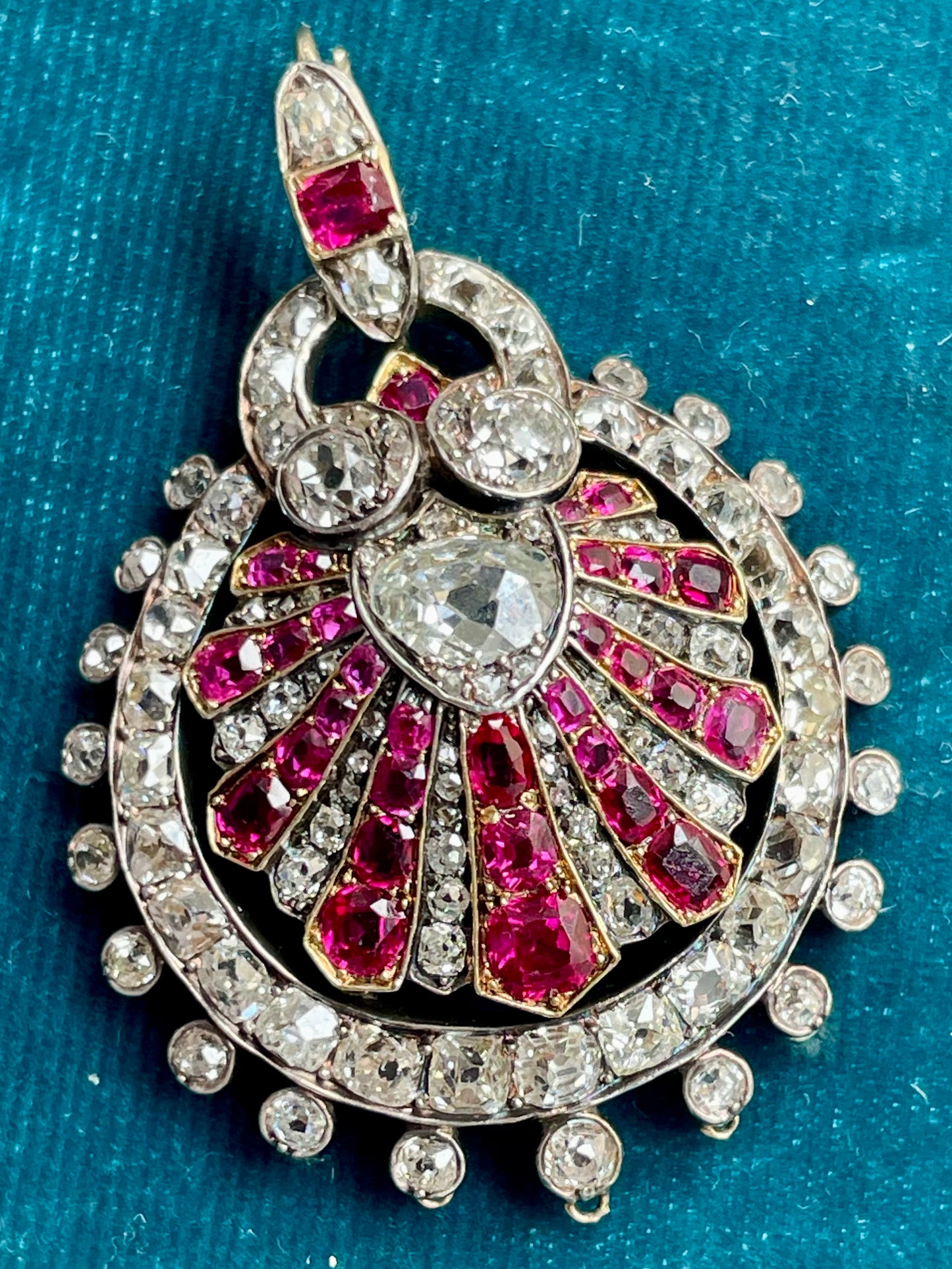Antique Victorian Diamond and Ruby Shell Silver-Over-14k Gold Pendant