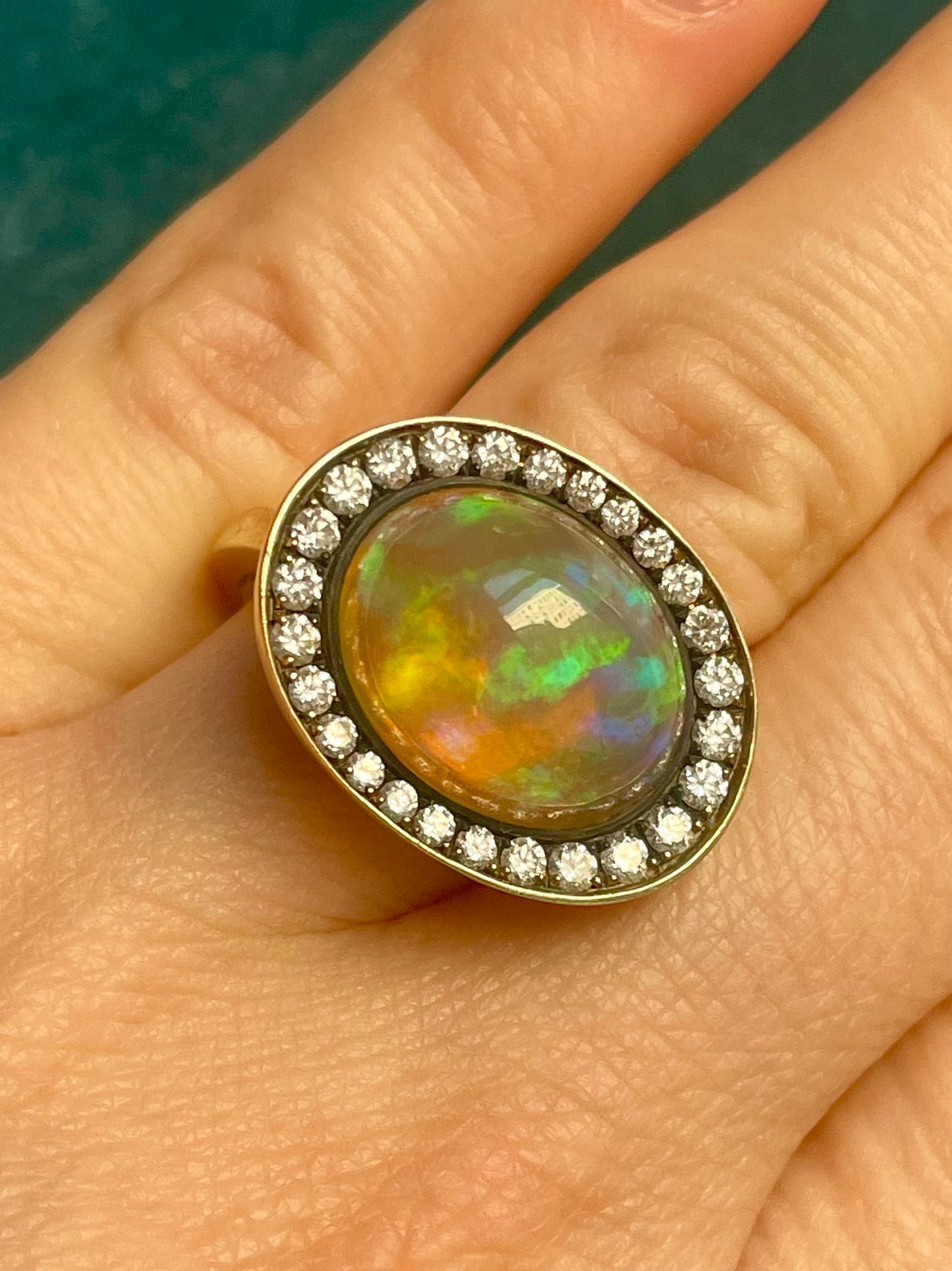 Tanzanian Opal and Diamond Halo 18k Gold Ring