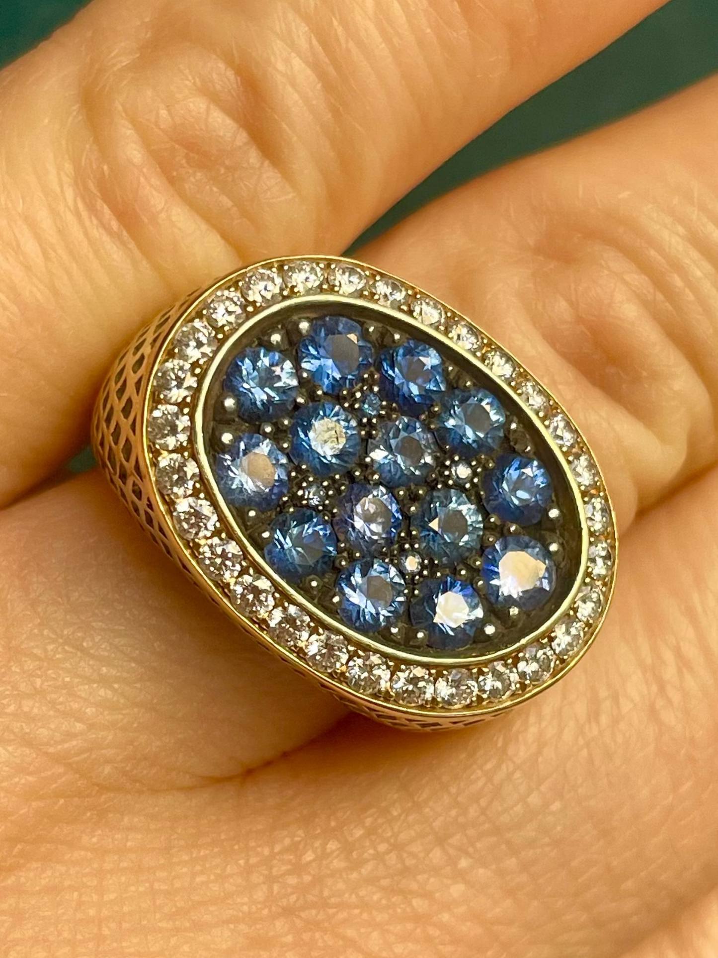 East-West Sapphire Cluster with Diamond Halo 18k Gold Ring