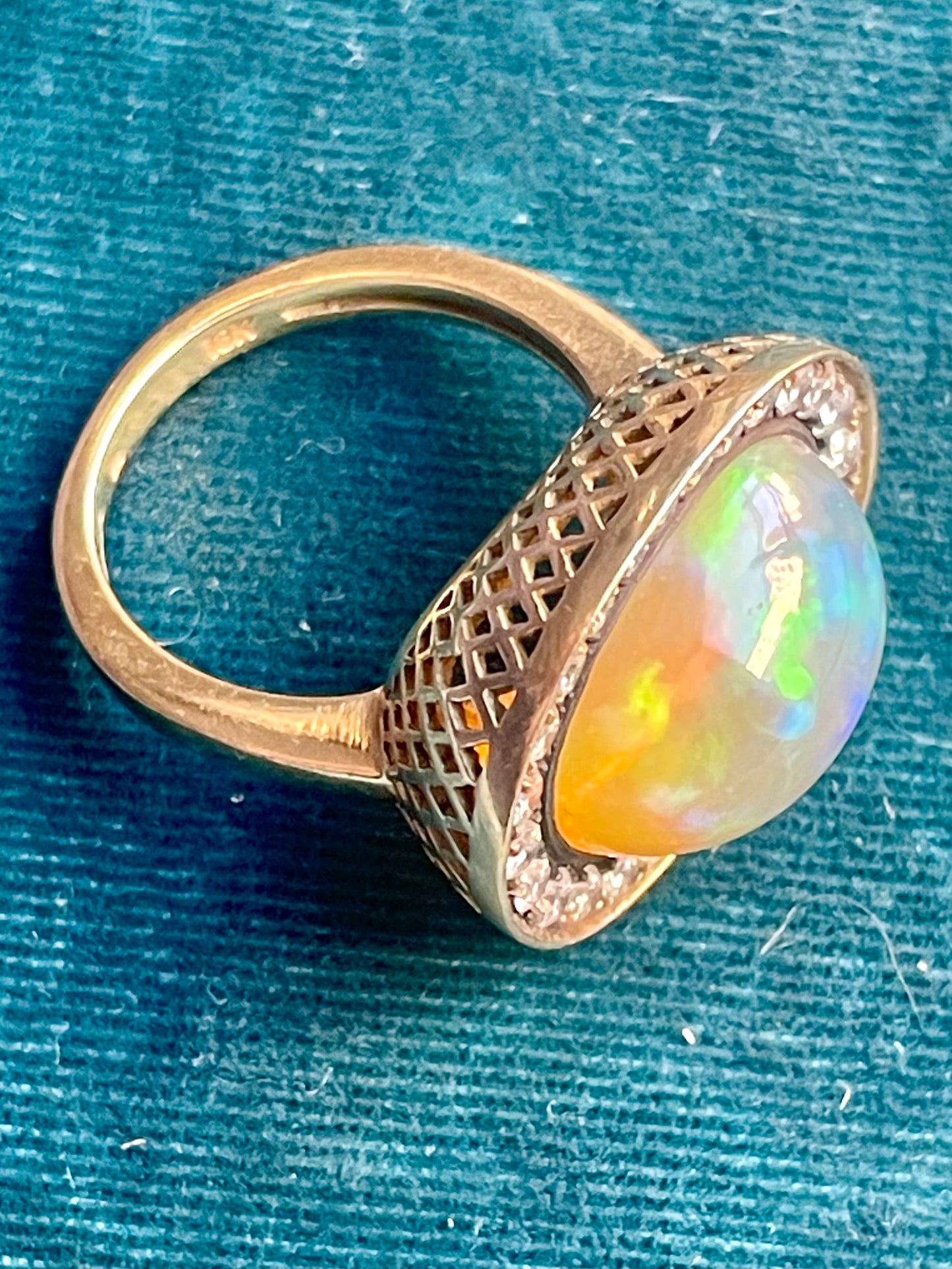 Tanzanian Opal and Diamond Halo 18k Gold Ring