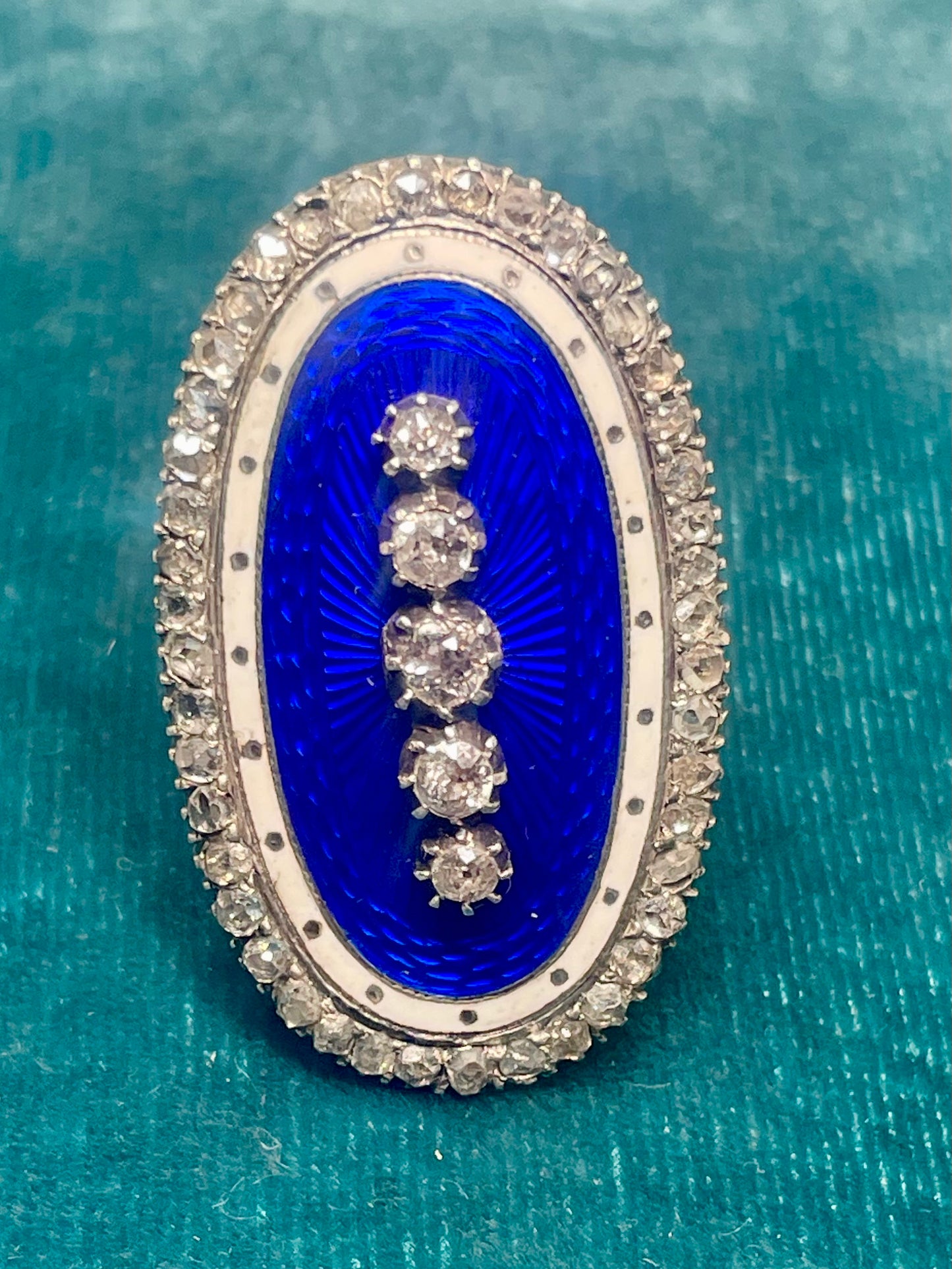Antique Victorian Blue Enamel and Diamond Navette Silver-on-18k Gold Ring