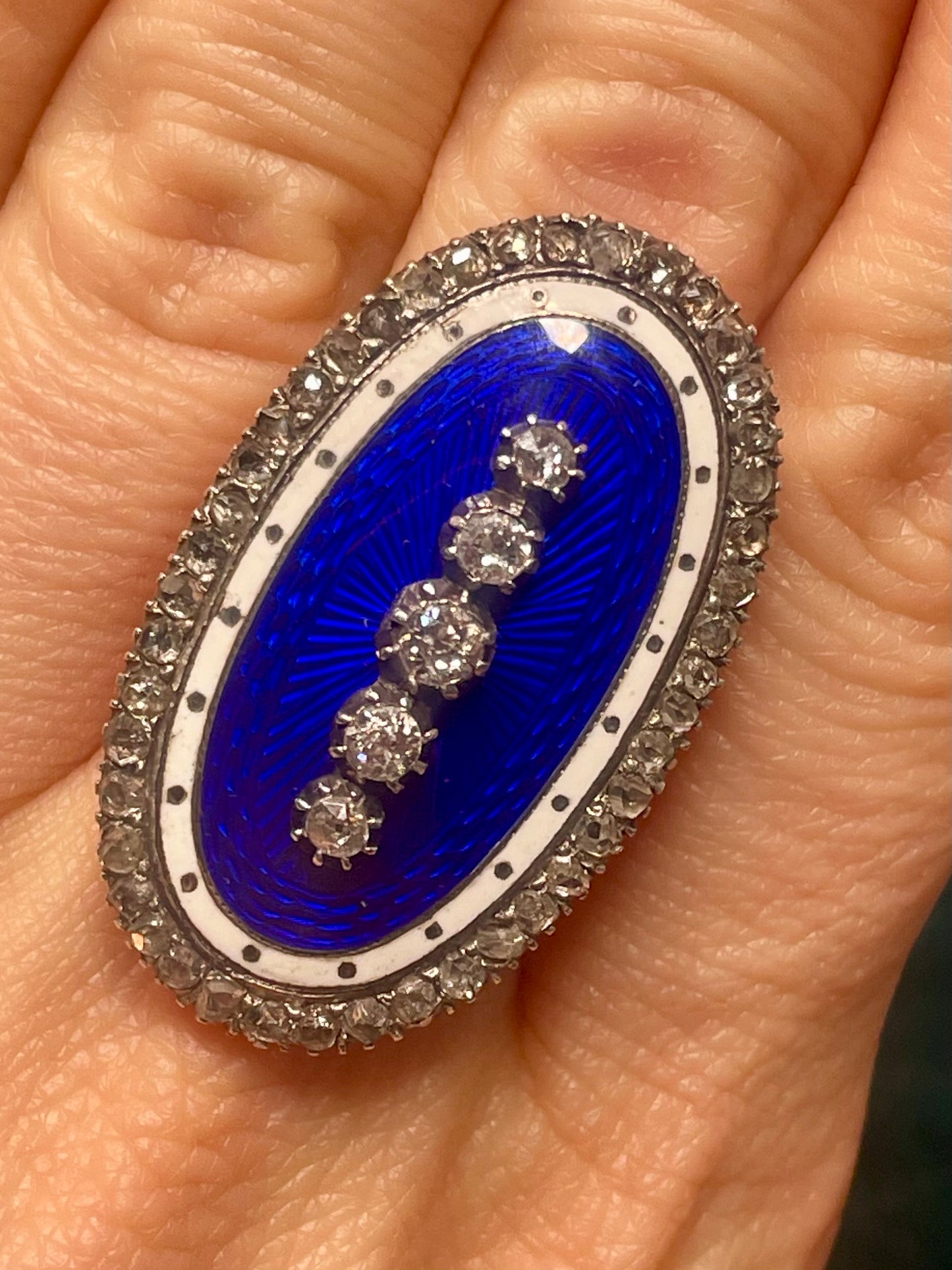 Antique Victorian Blue Enamel and Diamond Navette Silver-on-18k Gold Ring