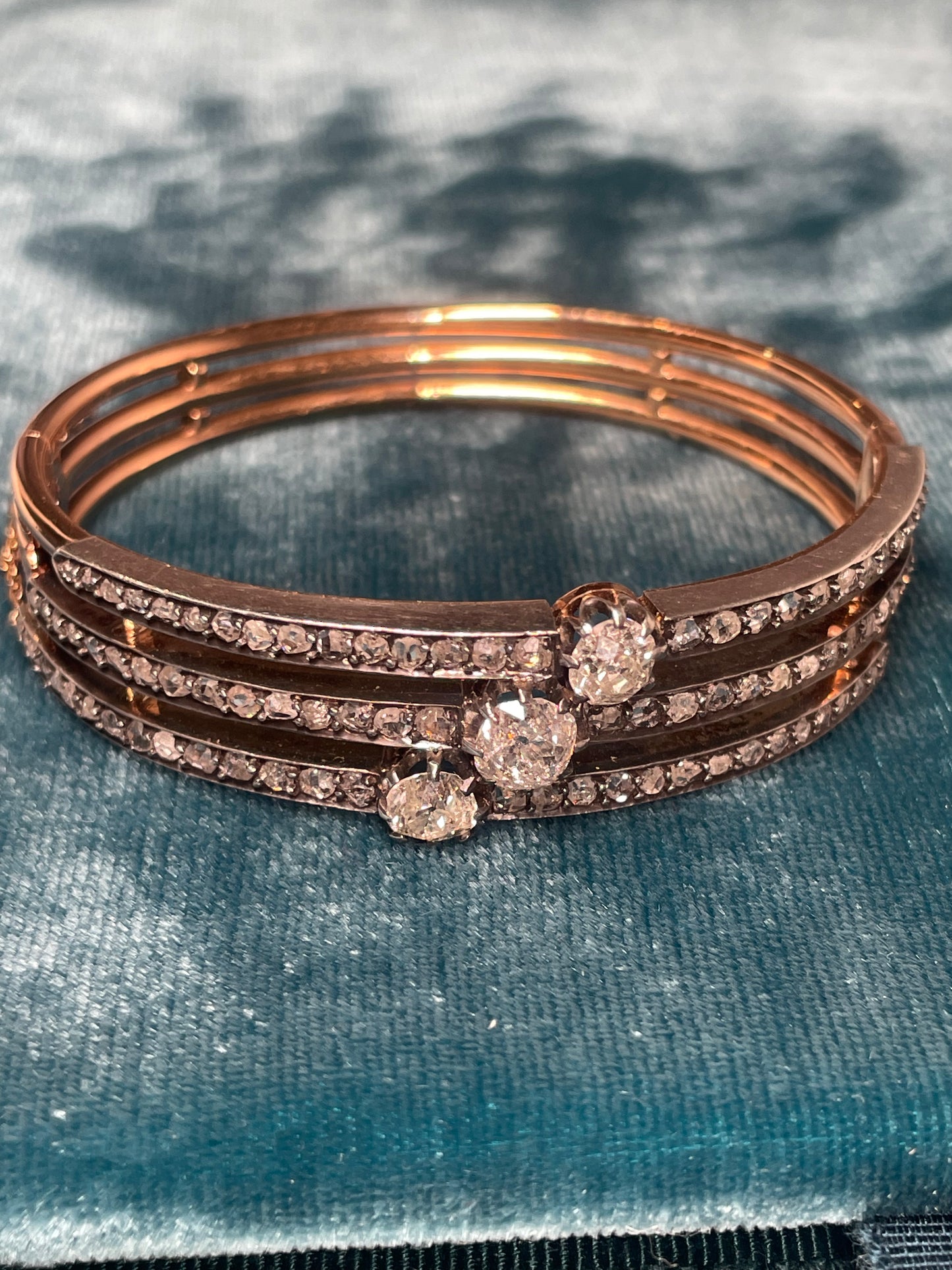 Antique French Diamond Triple Row Silver-Over-18k Gold Bangle