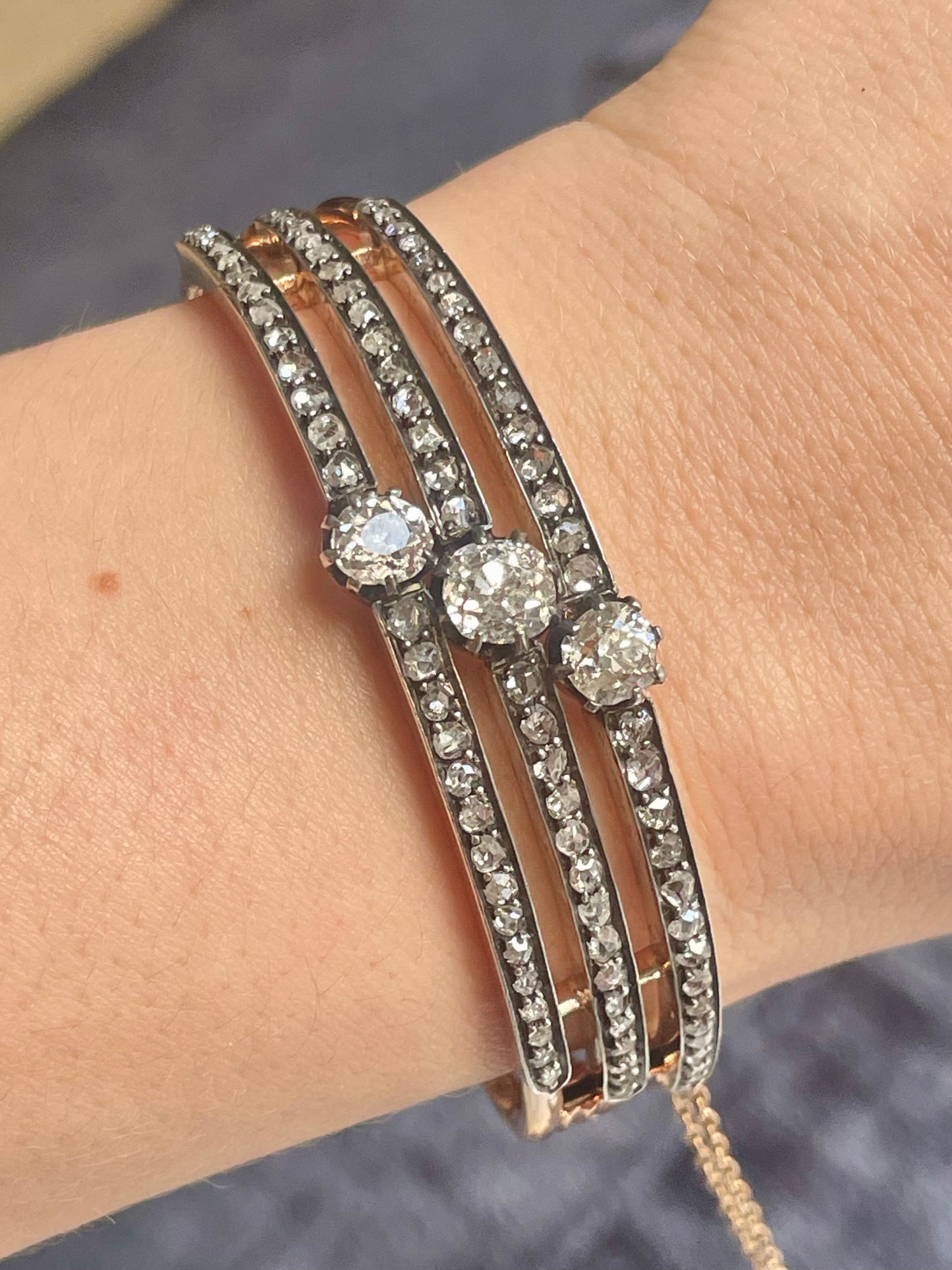 Antique French Diamond Triple Row Silver-Over-18k Gold Bangle
