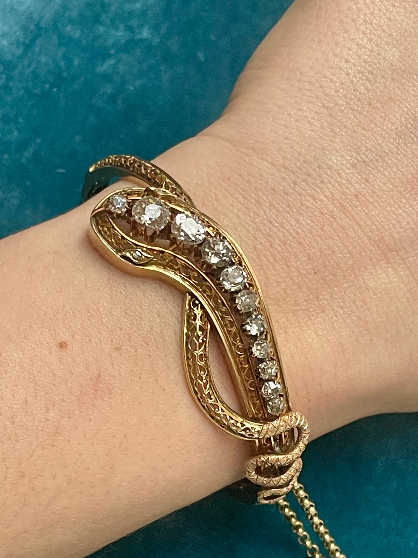 Antique Victorian Russian Old-Mine-Cut Diamond 14k Gold Snake Bangle