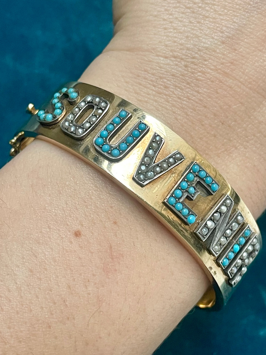 Rare French "Souvenir" Turquoise and Seed Pearl 18k Gold Bangle
