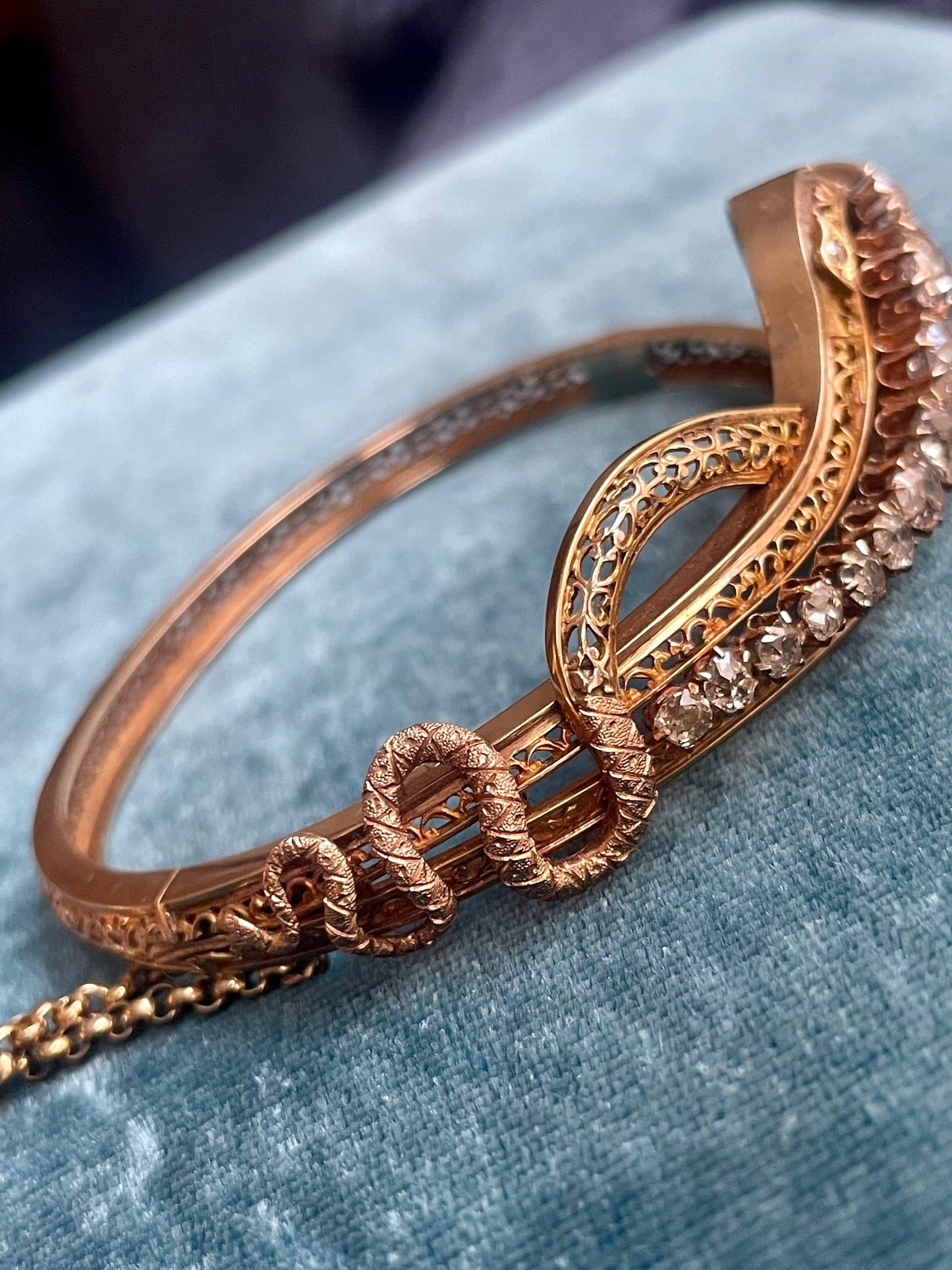Antique Victorian Russian Old-Mine-Cut Diamond 14k Gold Snake Bangle