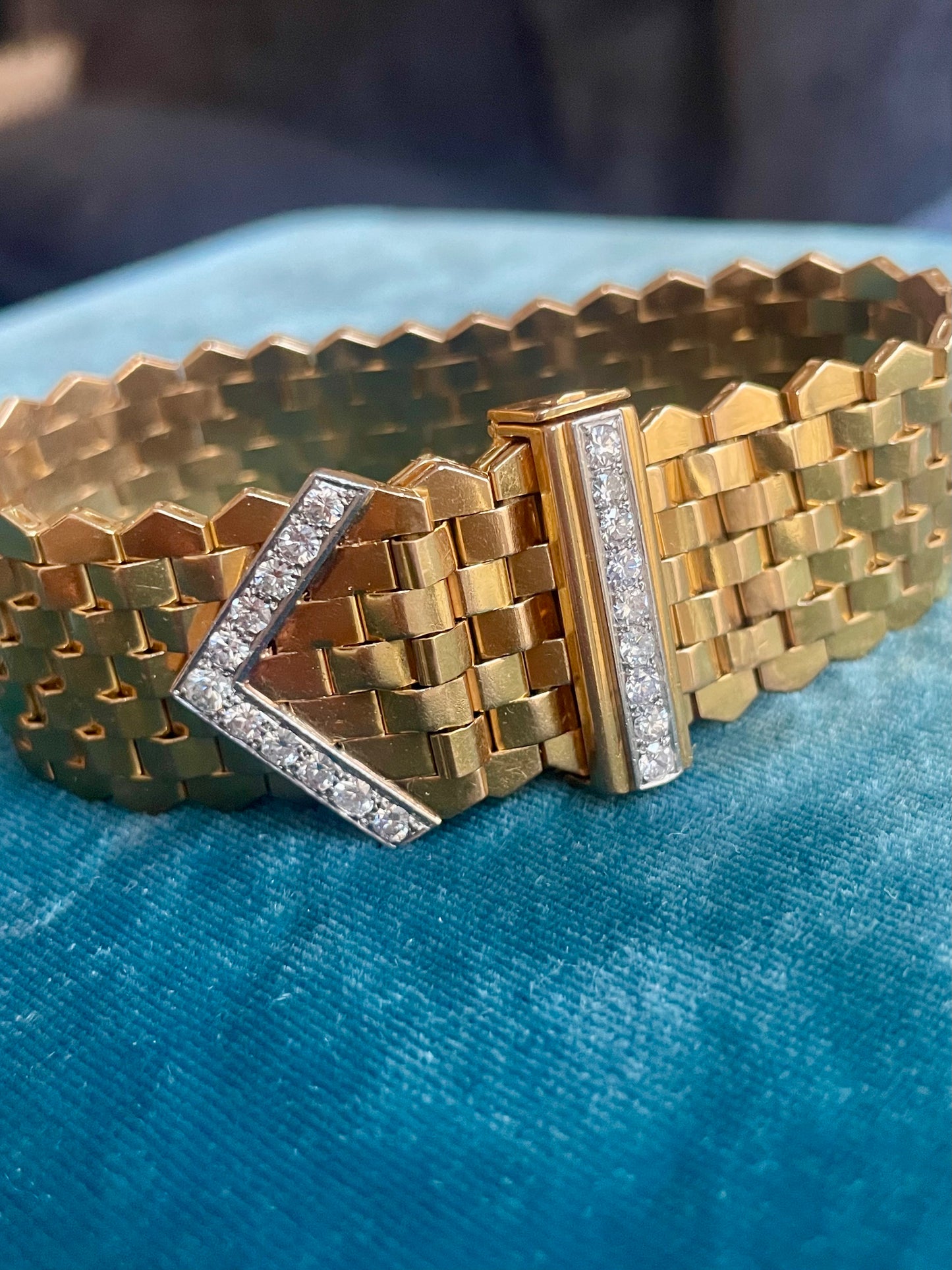 Mid-Century French 18k Gold Diamond Buckle Bracelet