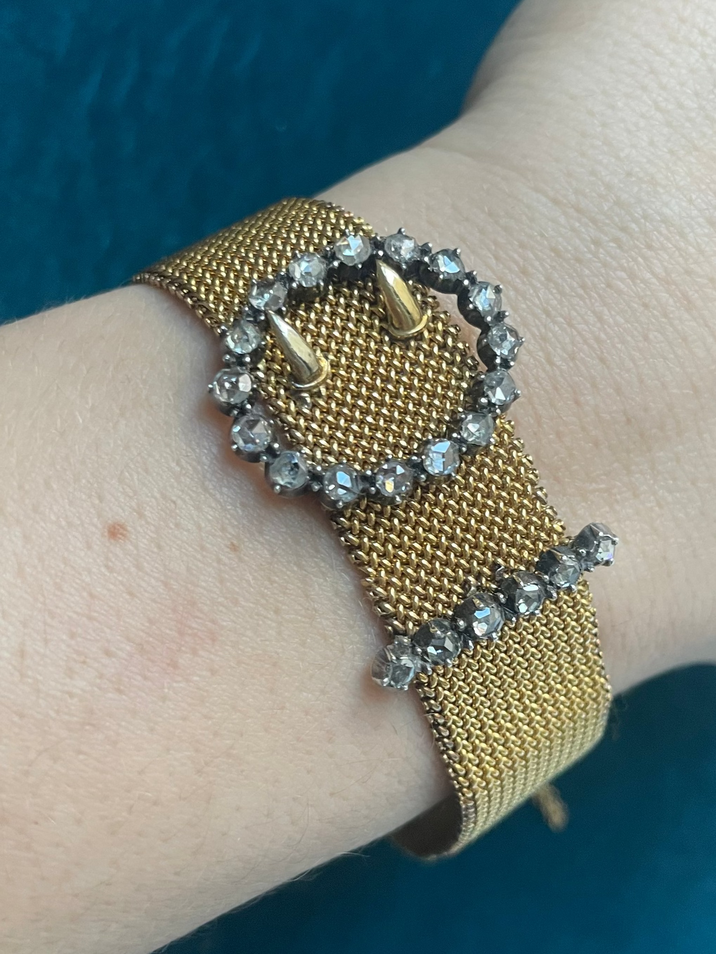 Antique Victorian French Rose-Cut Diamond 18k Gold Mesh Buckle Bracelet