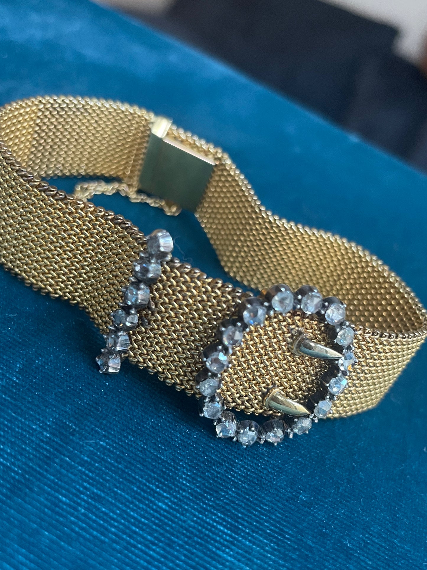 Antique Victorian French Rose-Cut Diamond 18k Gold Mesh Buckle Bracelet